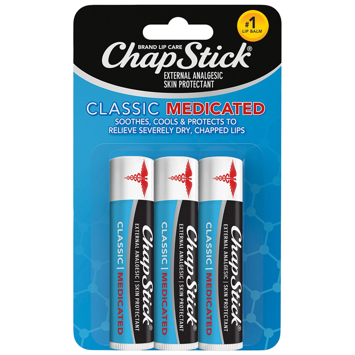 ChapStick Classic Medicated Lip Balm 3-Pack – External Analgesic, Skin Protectant for Dry Lips & Cold Sore Pain Relief, 0.15 Oz Ea