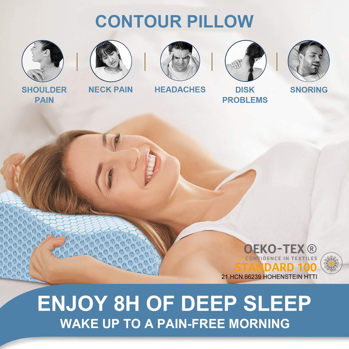 Anvo Memory Foam Pillow, Neck Contour Cervical Orthopedic Bed Pillow for Sleeping Side Back Stomach Sleeper, Ergonomic Design for Neck and Shoulder Pain Relief, Blue White, Firm