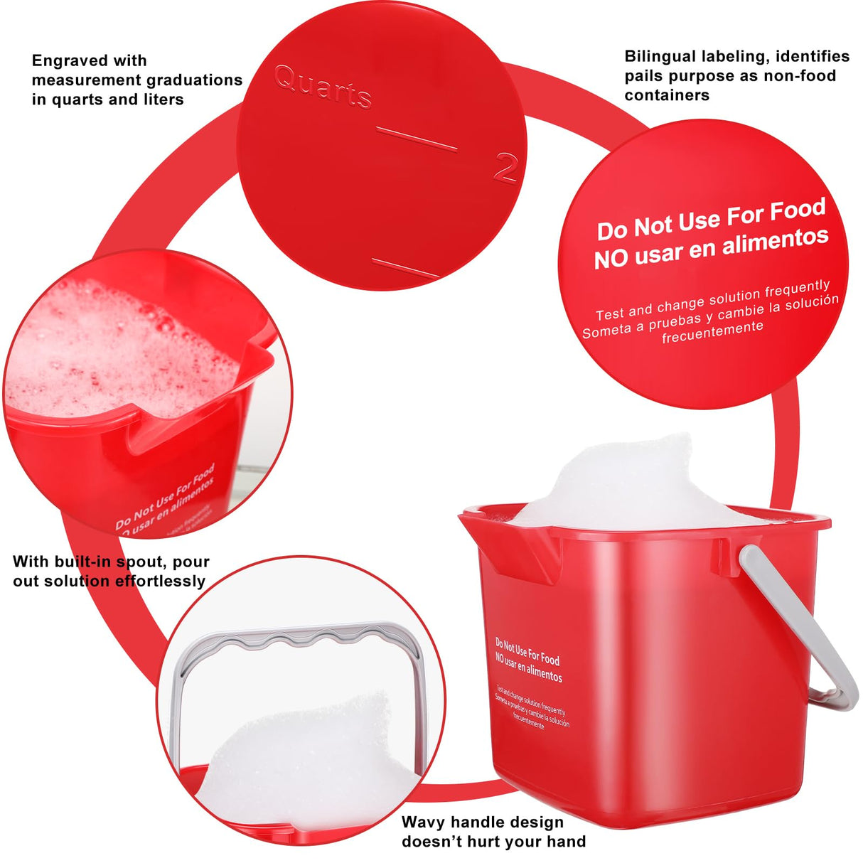Roshtia 6 Pcs 3 Quart Cleaning Bucket Small Sanitizing Square Bucket Detergent Pail for Home Commercial Restaurant Kitchen Office School(Red, Blue, Green)