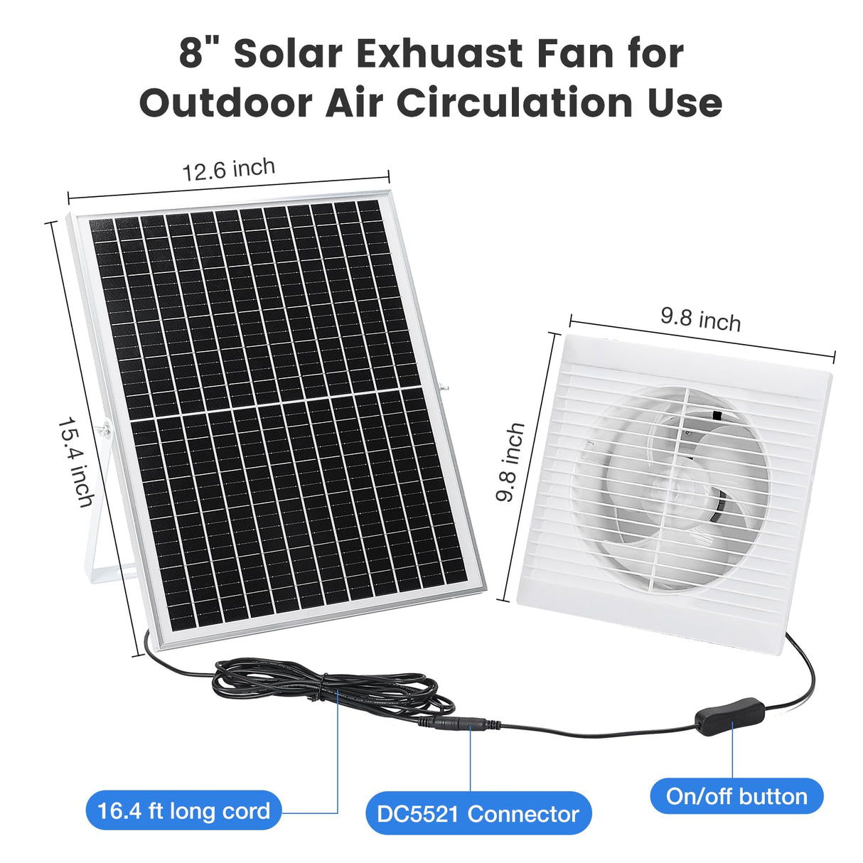 Fanspex Solar Exhaust Fan, Solar Powered Vent Fan Kit for Outside Greenhouse Shed Chicken Coop (8" Fan)