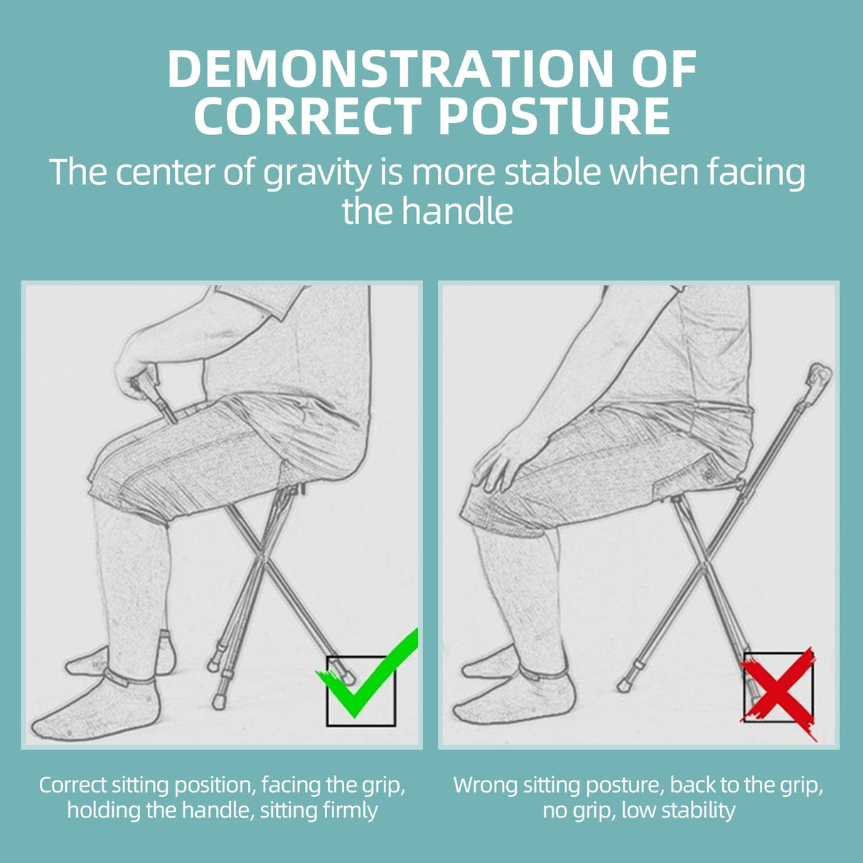 Hold 440 lbs Cane with Seat Combo Aluminum Alloy Portable LED Folding Walking Stick Chair Height Adjustable Heavy Duty Thick Stool Handy Unisex for Elderly Senior Light