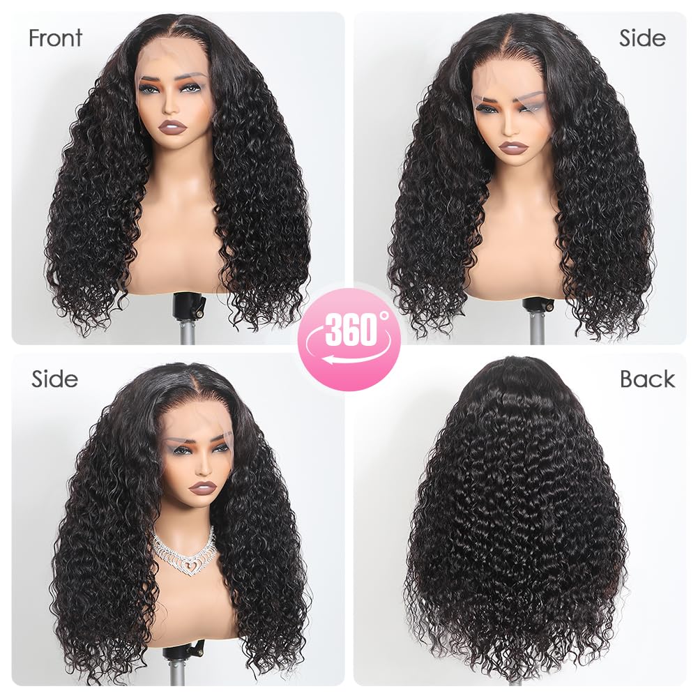 Ebarly Hidden Strap Water Wave 360 Glueless Wigs Human Hair Pre Plucked Pre Cut 180 Density Wet and Wavy HD Full Lace Frontal Drawstring Wig with baby hair (18 inch)