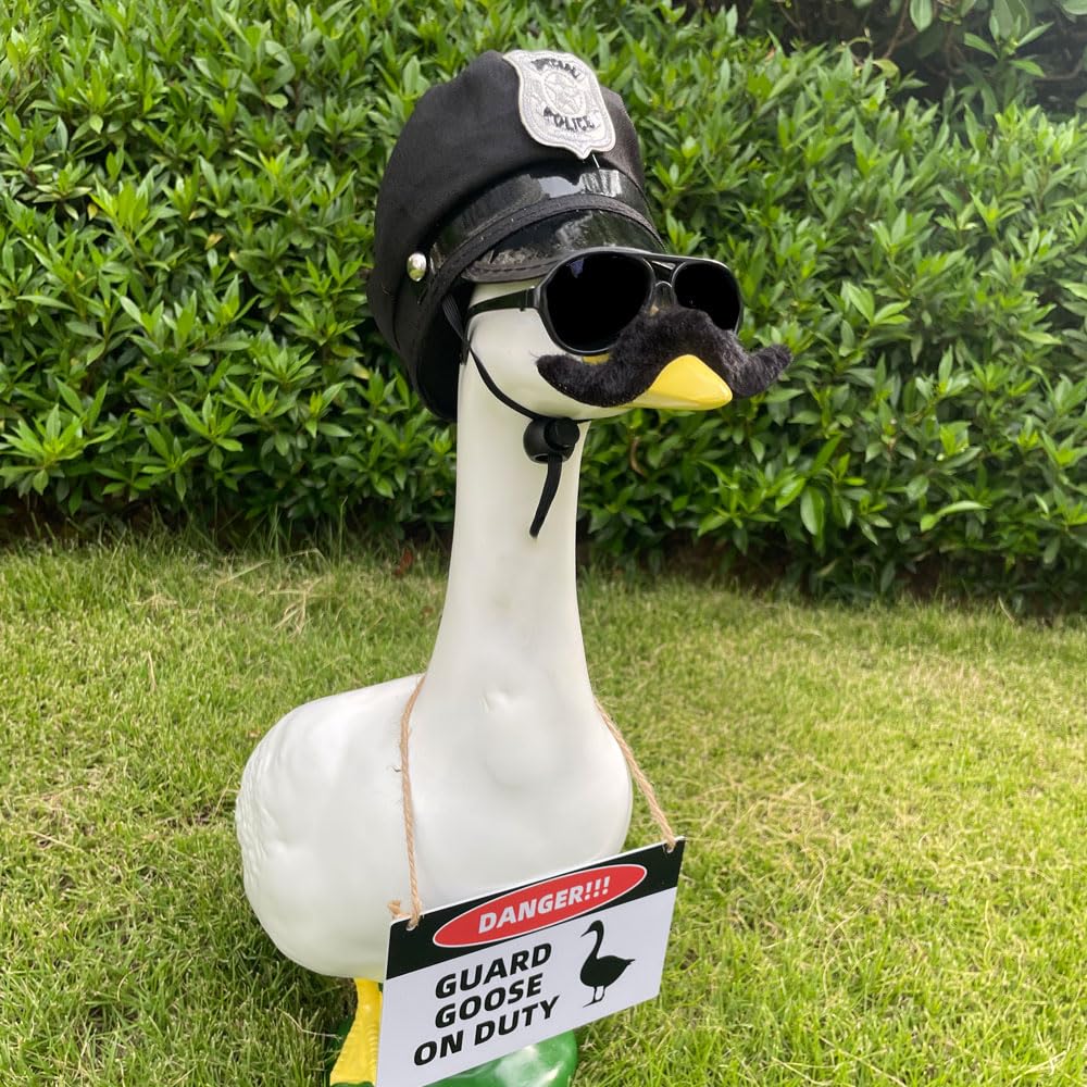 ZANOLY 9pcs Goose Outfit,Porch Goose Outfits,Lawn Goose Statue Costume for 17"/23" Cement Patio Garden Outdoor Statue Decor,Police Hat Eyeglasses PVC Sign Danger Guard Goose on Duty (Police)