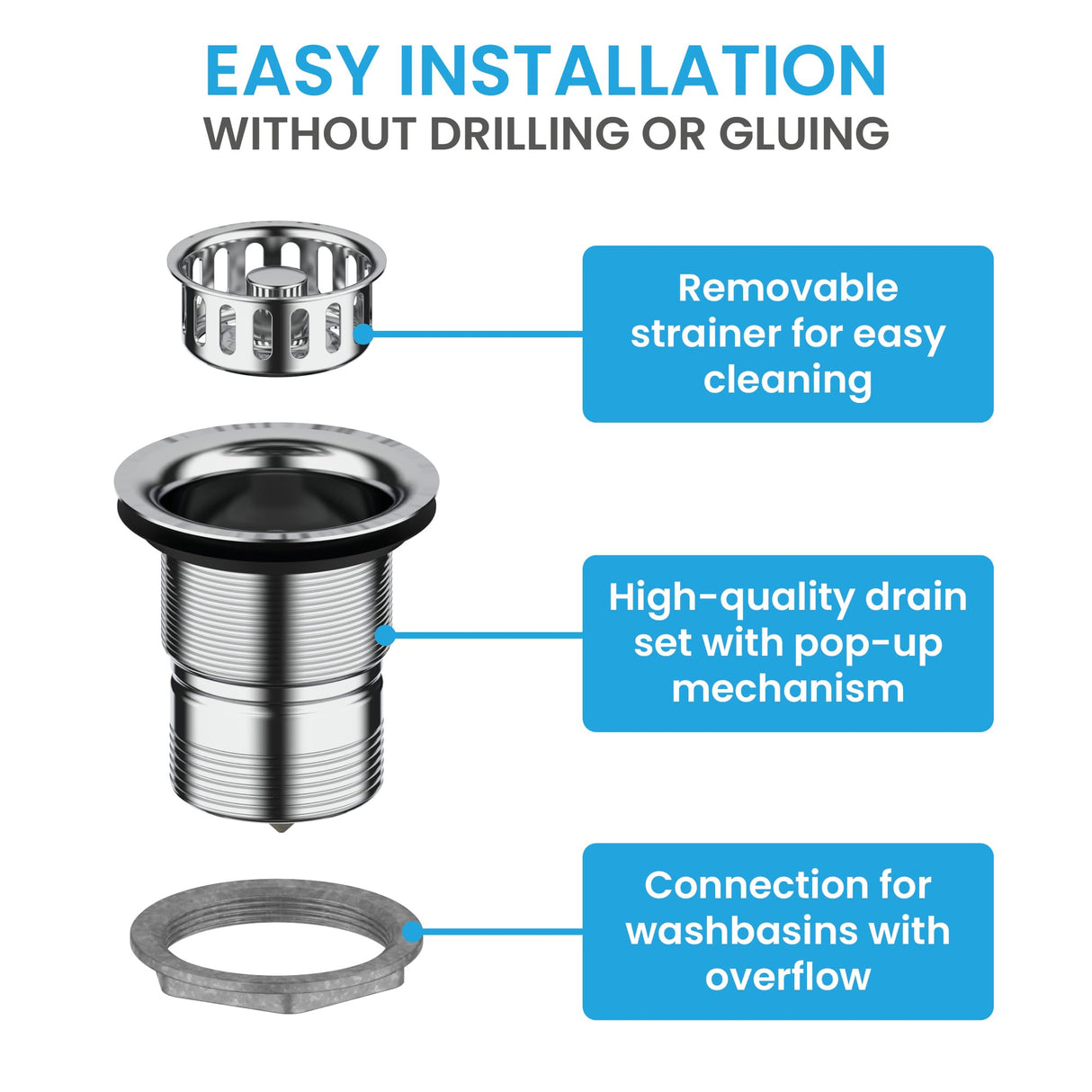 Bächlein Pop-Up Drain Fitting for the Sink, Diameter 70 mm without Overflow, Kitchen Sink, Polished Stainless Steel, Strainer Basket Valve, Basket Valve