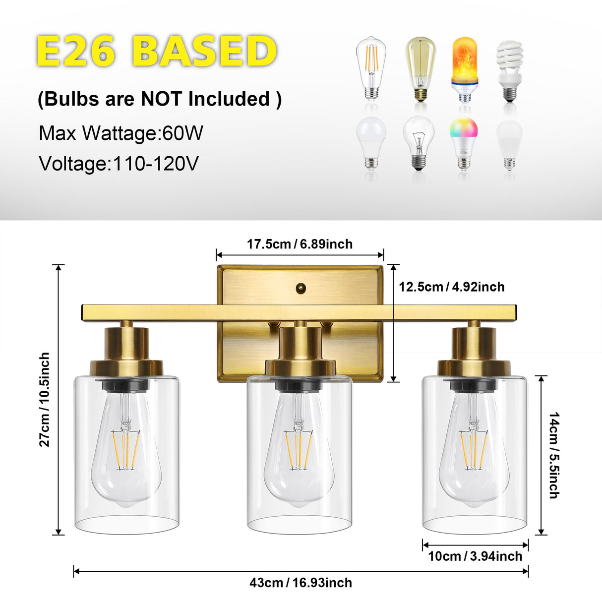 Ascher Bathroom Vanity Light Fixtures, 3 Light Wall Sconces Lighting with Clear Glass Shade, Gold Wall Lights for Mirror, Kitchen, Living Room, Gallery, E26 Base (Bulbs Not Included)