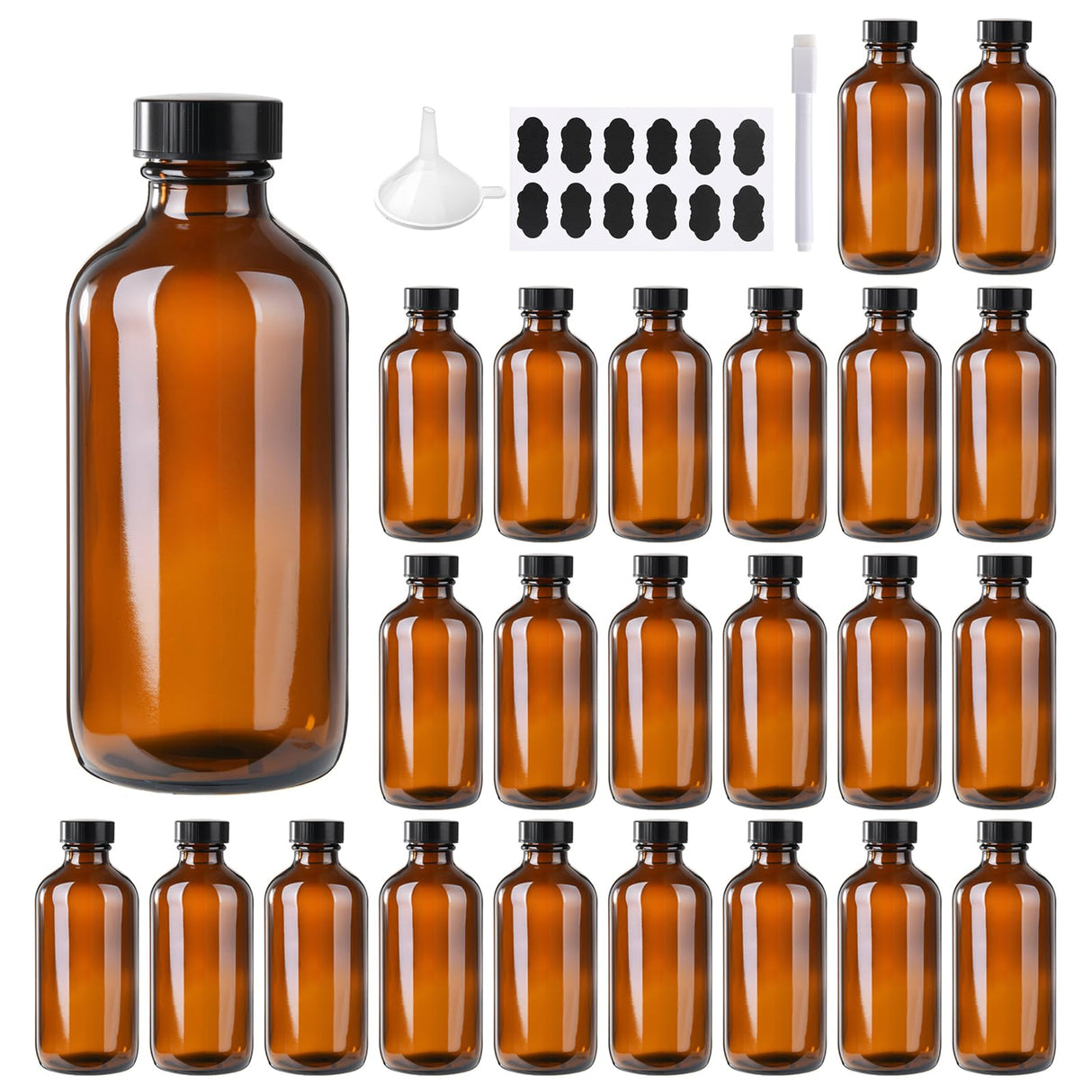 BPFY 24 Pack 4 oz Amber Boston Glass Bottle with Black Poly Cap, Funnel, Chalk Labels, Pen for Homemade Vanilla Extract, Essential Oils, Wedding, Christmas, Holiday Gift