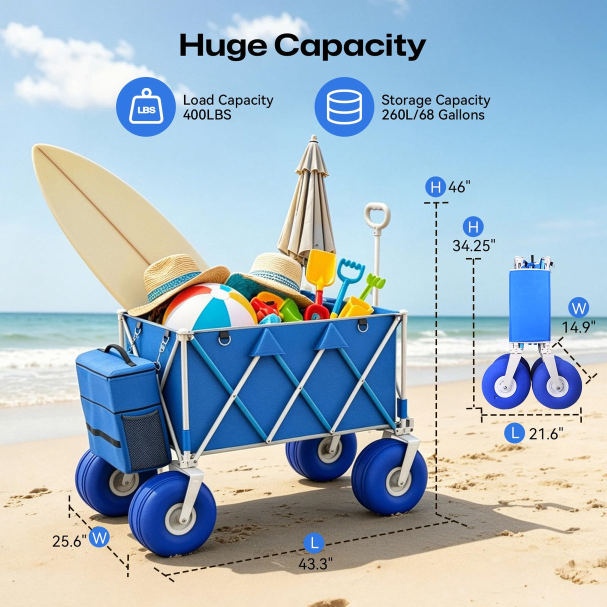 VELUVIA Beach Wagon with 10.5" Big Balloon Wheels for Sand