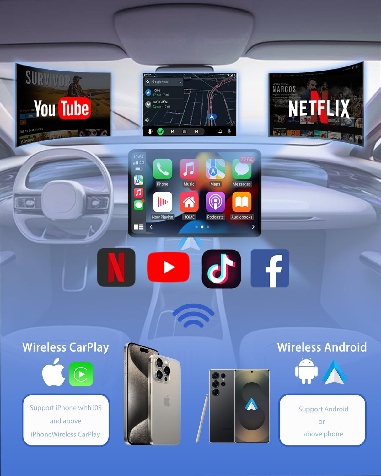Wireless Carplay Adapter 2025 Ai Box for iPhone & Android Auto with Netflix YouTube Supports TF card Dongle Plug and Play Easy Setup Carplay Video entertainment box for iOS 10+ and cars after 2015 Car