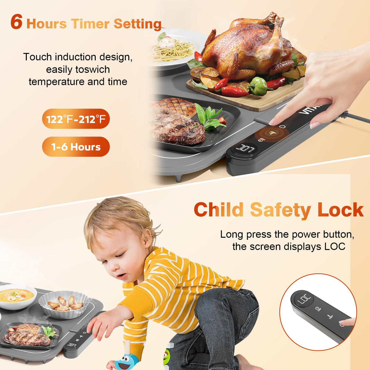 Vitaler Warming Mat for Food, Electric Warming Trays, Upgrade Graphene Fast Full-Surface Heating Mat for Food with 6 Level Temp, 6 Hours Timer, Food Warmer Pad, Not Included Heat-Insulating Mat