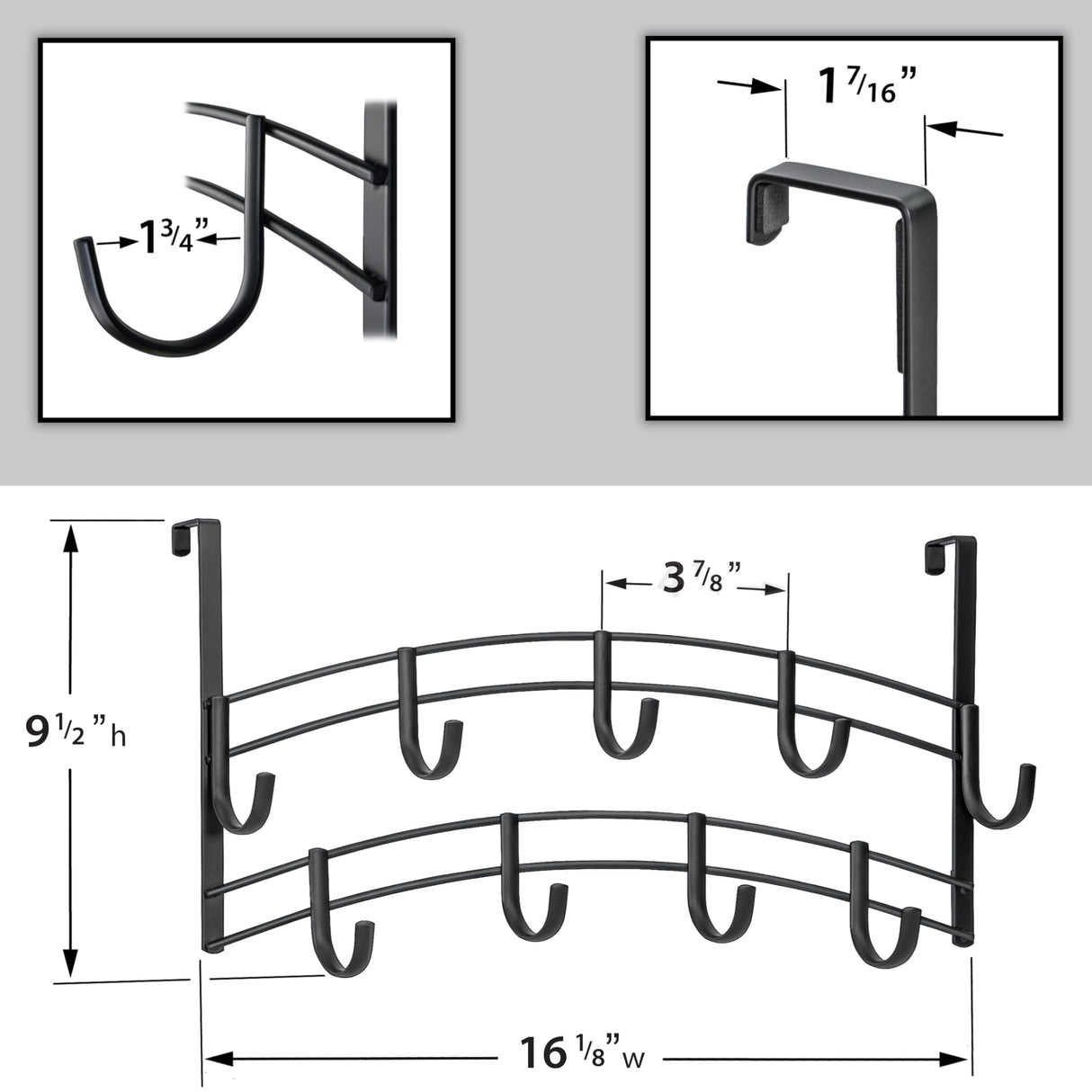 LYNK Professional® Home™ Over the Door Hooks - 9 Hook – Over the Door Coat Rack - Over the Door Hanger - Hanging Towels or Clothes - Bathroom, Bedroom, Laundry Room - Lifetime Ltd. Warranty, Black