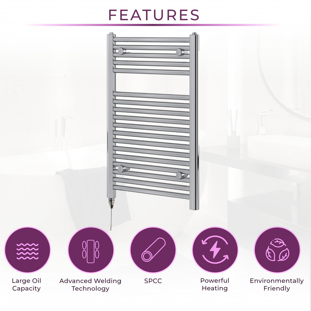 Newark Chrome Electric Towel Radiator | Towel Warmer Radiator Rail | Bathroom Heated Towel Ladder Rail | 770 x 500