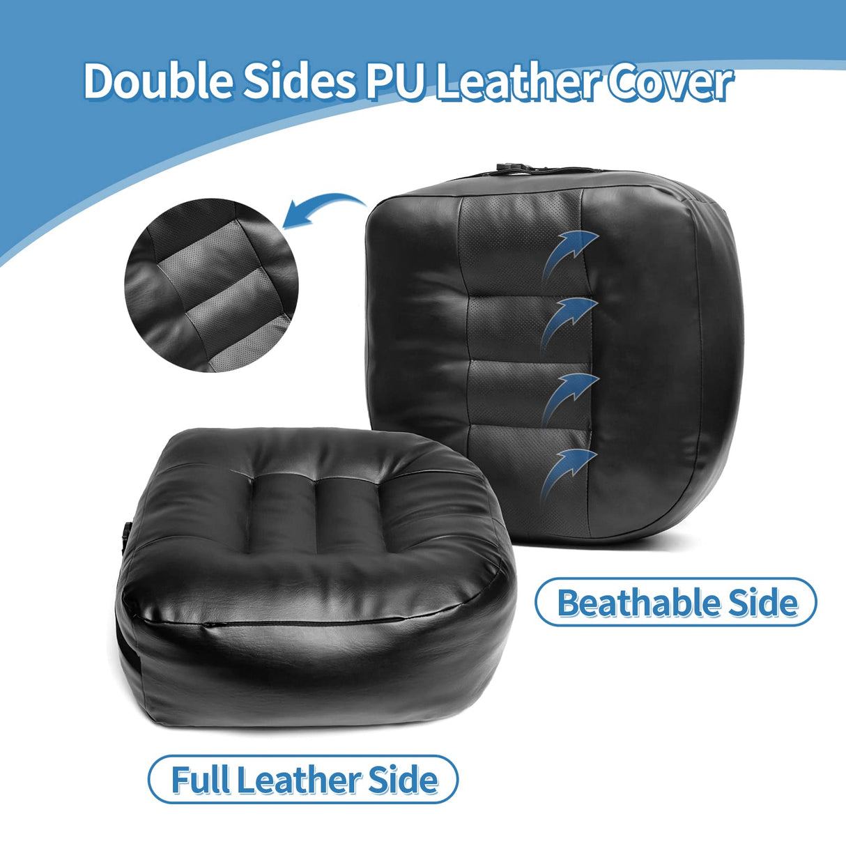 YOUFI Leather Seat Cushion Extra-Thick Booster for Office Chair to Rise Height - Full Filling for Support - with Breathable Cover, Handle and Buckle - Relieves Back Pain – 18"x16"x6" (Black)