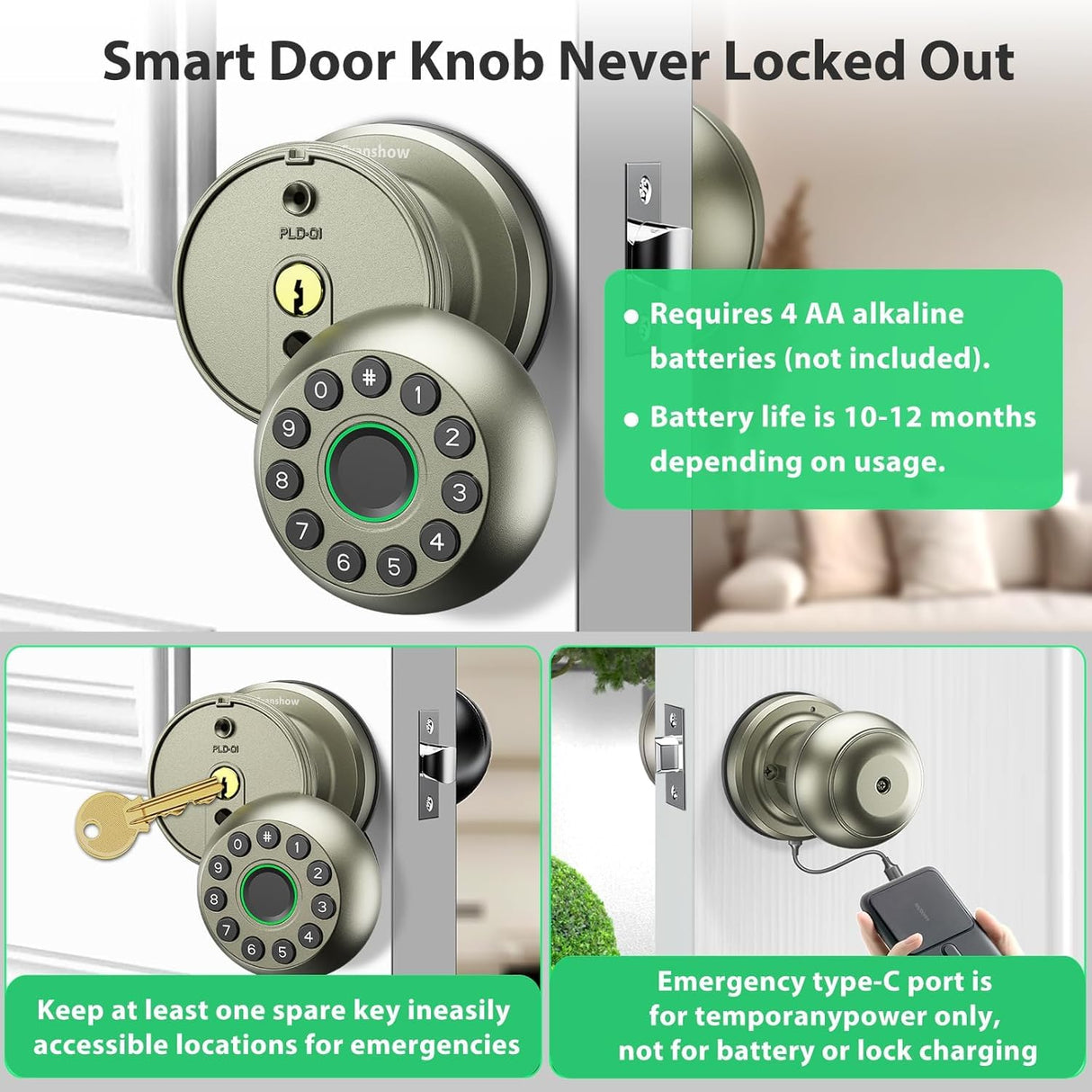 Smart Door Knob Fingerprint Door Lock 4-in-1 Keyless Entry (Fingerprint/App/Code/Key) with Auto-Lock Easy Install for Home/Bedroom/Office-Silver