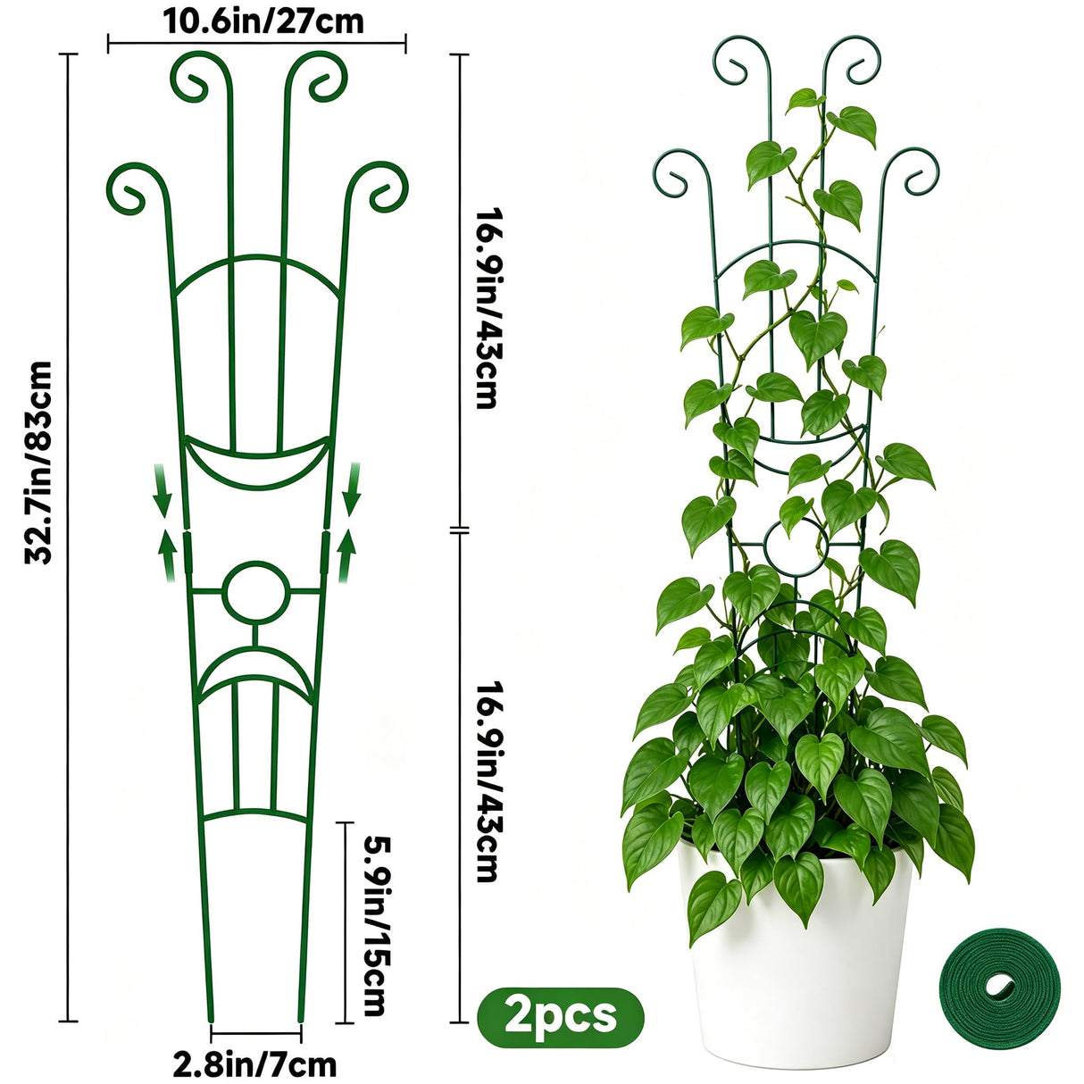 KINGLAKE Plant Trellis for Climbing Plants Indoor Outdoor - 2 Pack 32.7 Inch Green Expandable Metal Garden Trellis for Potted Climbing Plants Support Flower Vine Ivy Monstera Houseplant with Tape