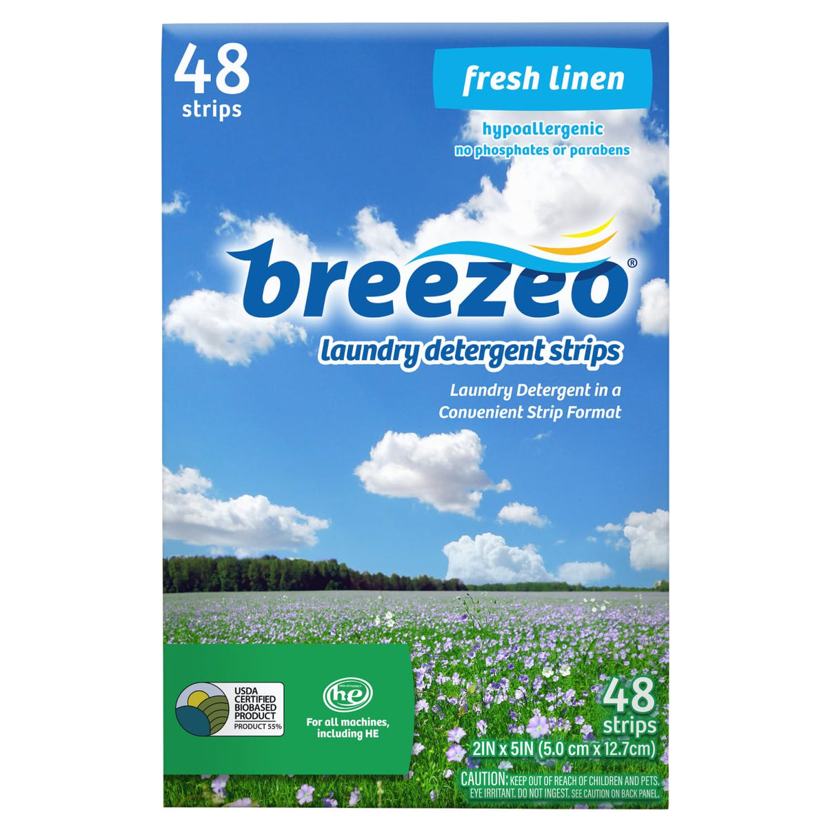 Breezeo Laundry Detergent Strips (48 strips) - Fresh Linen Scent - More Convenient than Pods, Pacs, Liquids or Powders – Great for Home, Dorm, Travel, Camping & Hand-Washing