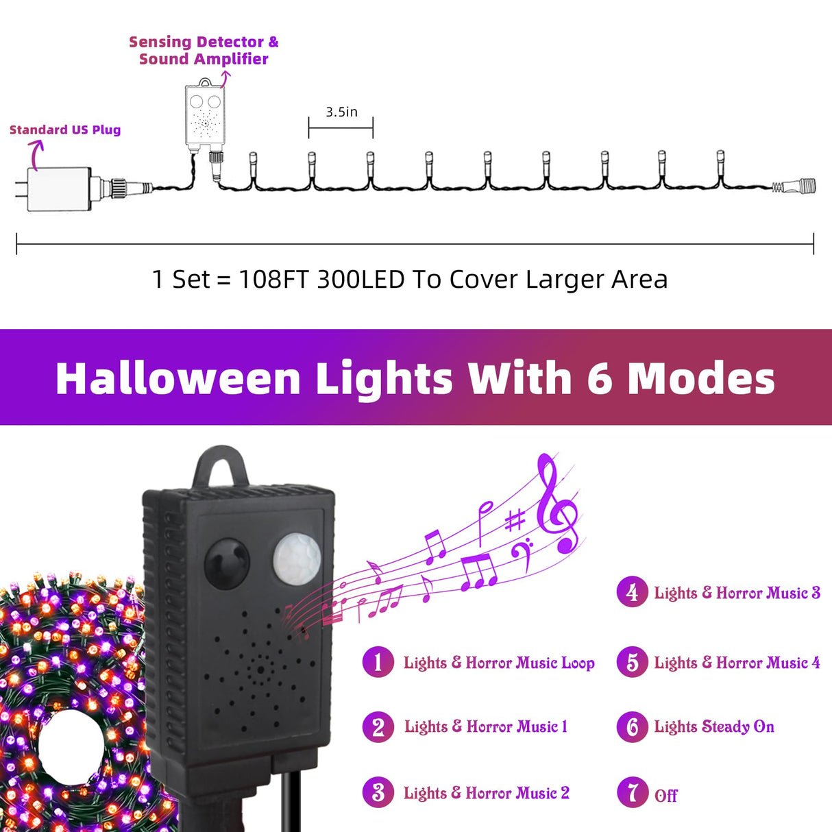 Chuya Halloween Light Decor Music Orange Purple Lights105FT 300 LED String Fairy Lights 6 Modes UL588 Waterproof Outdoor Indoor Decoration for Party Garden Christmas