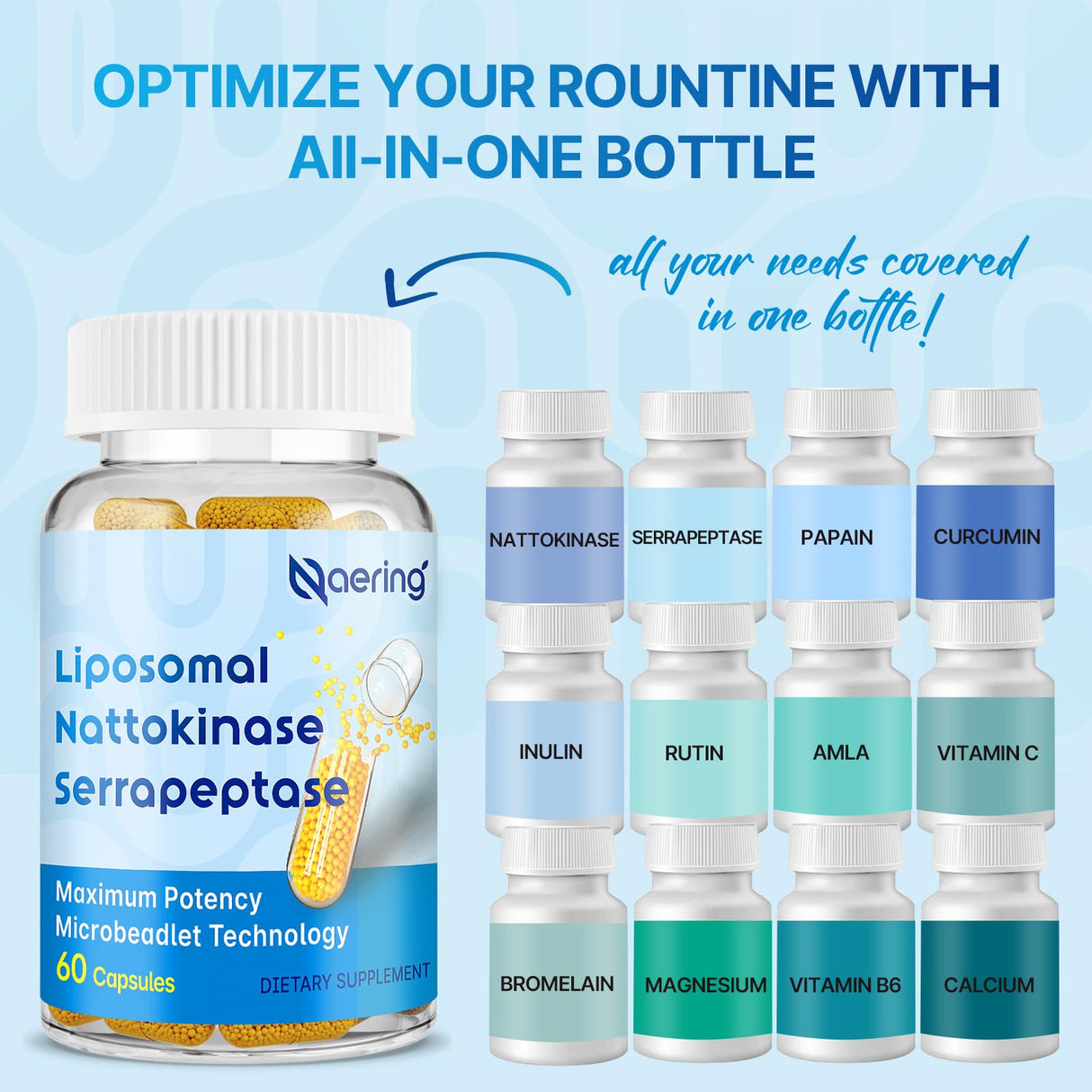 Liposomal Nattokinase 12,000 FU Serrapeptase 360,000 SPU Enzyme Supplement - Enriched with Synergistic Enzymes and Nutrient Blend & Inulin for Circulatory, Gut, Digestion 60 Capsules (2 Bottle)