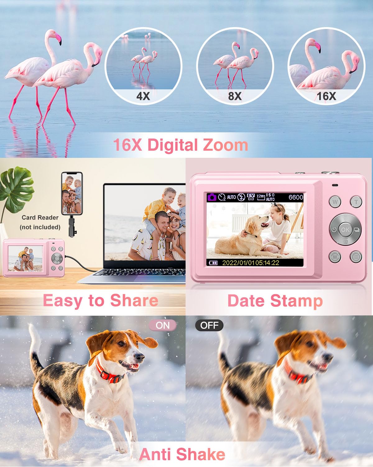 Lecran Digital Camera, FHD 1080P Point and Shoot Camera for Kids Teens Pink