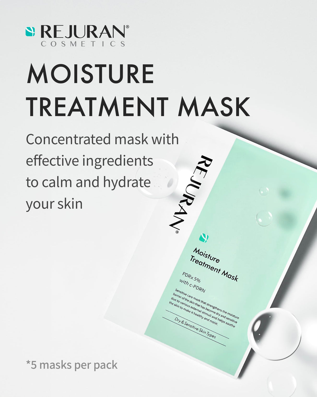 REJURAN® Moisture Treatment Mask, c-PDRN® - Hydrating Facial Sheet Mask, Repairs Skin Barrier and Retains Moisture with PDRx, Korean Skin Care 5-Pack