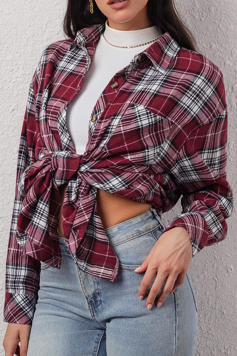 CHYRII Womens Button Down Flannel Shirts Long Sleeve Plaid Shacket Business Casual Blouse Tops 7157-Christmas Red L