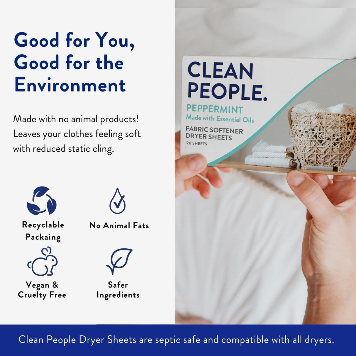 The Clean People Fabric Softener Sheets - Dryer Sheets - Softens & Removes Static - Vegan Laundry Softener With Essential Oils - Peppermint 240 Pack