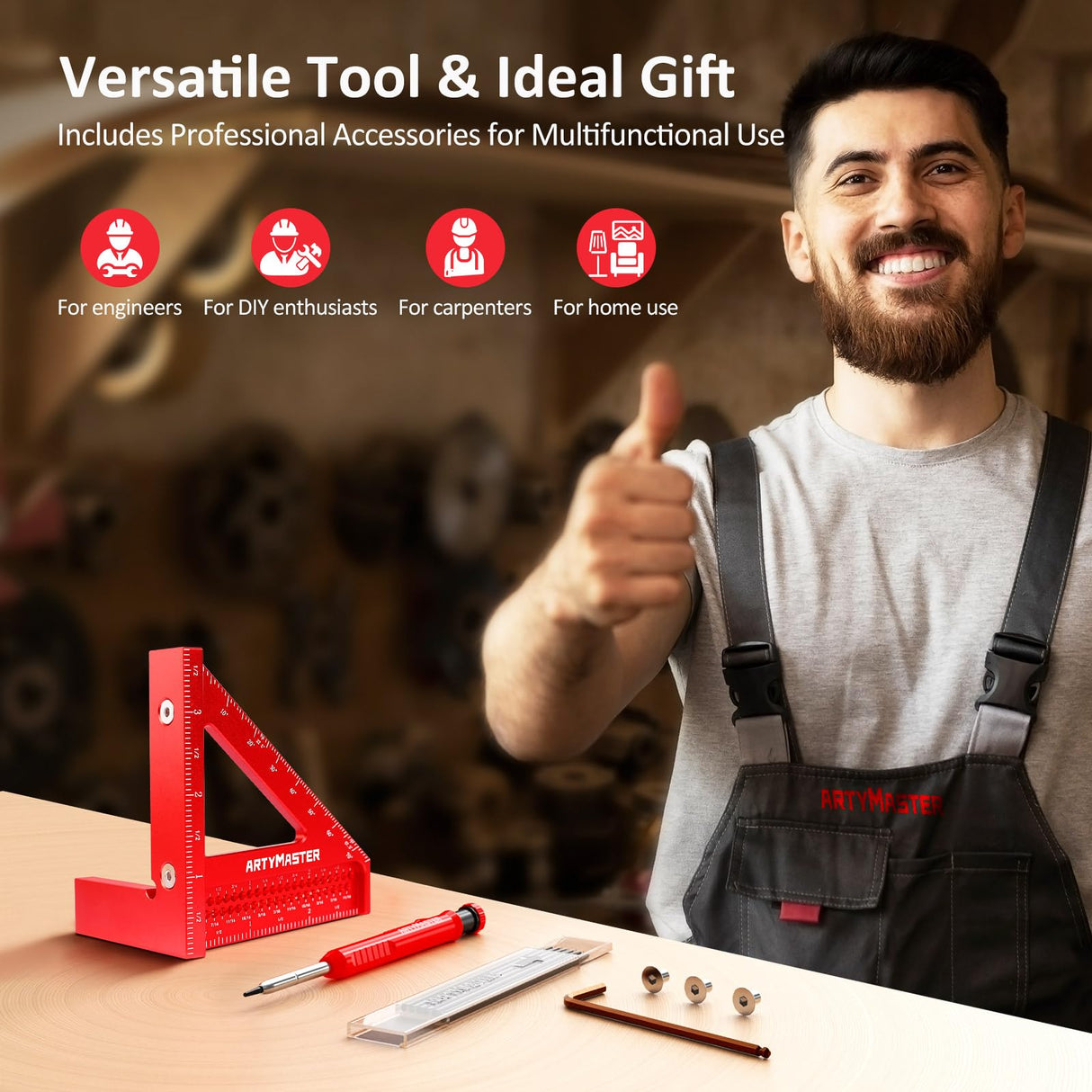 3.8"Mini 3D Multi-Angle Measuring Square Ruler, WT102A High Precision Hole Scribing Woodworking Tools, 0-90° Aluminum Alloy Carpenter Square Wood Working Tools, Carpenter Pencils 6 Refills.