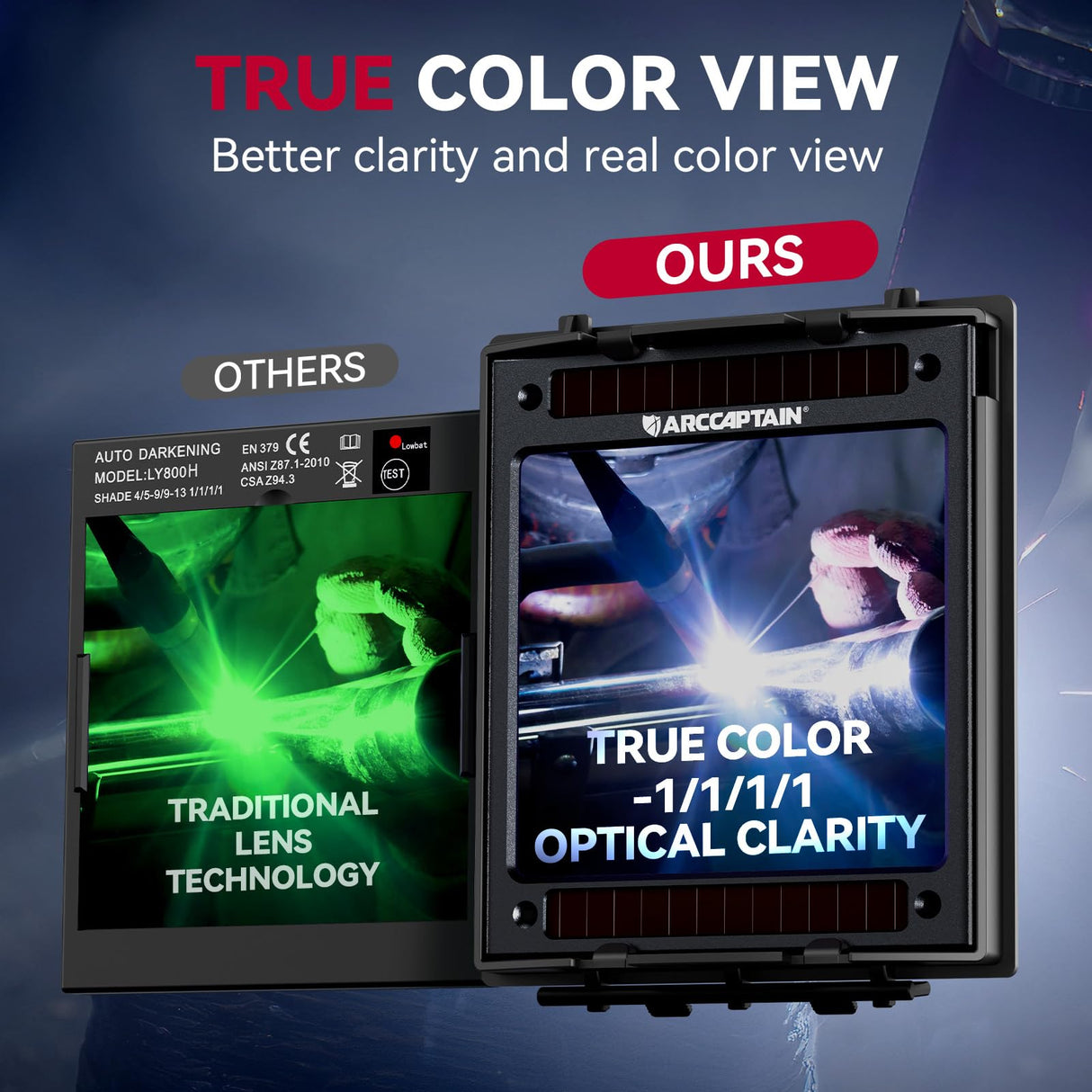 ARCCAPTAIN Large View 3.94" x 3.66" True Color Auto Darkening Welding Helmet with Light, Solar Powered Welding Hood, 4 Arc Sensor Wide Shade 4/5-9/9-13 for Stick MIG TIG Cut