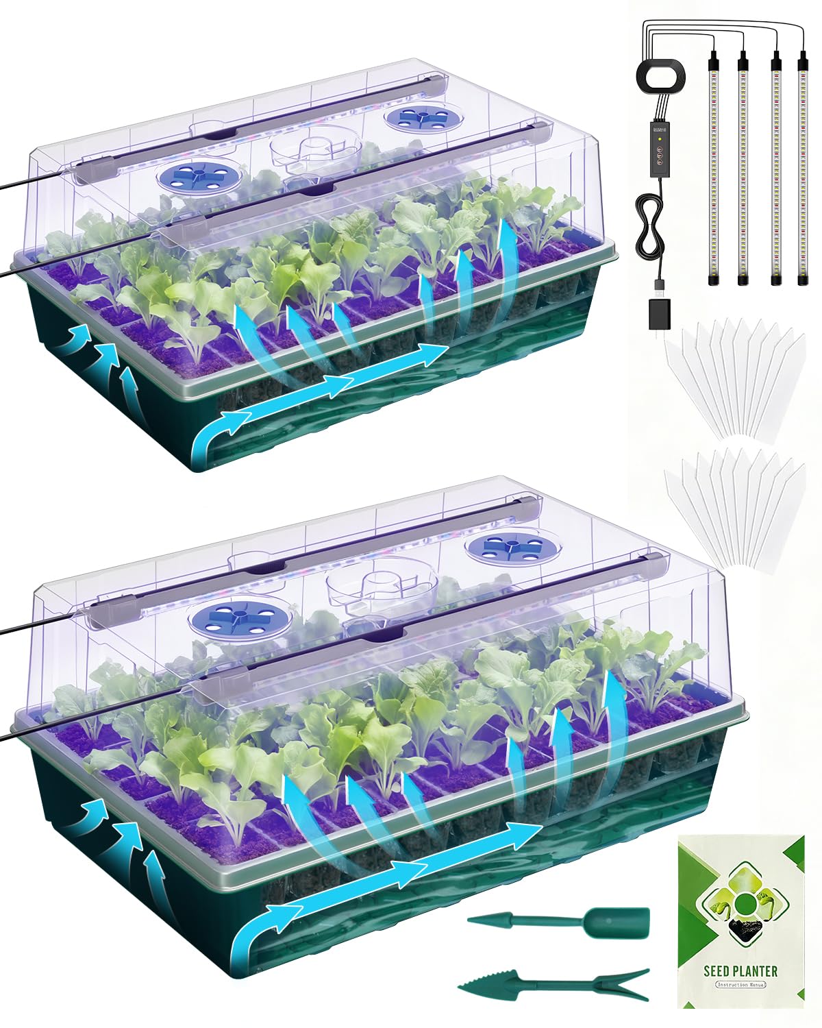 2PCS 120 Cell Self-Watering Seed Starter Tray Kit with Grow Light Humidity Dome,120-Cell Large Plant Seedling Tray, 3 Color Growing Light, Seed Starting Trays for Plant Germination(2PCS, 120 Cell)