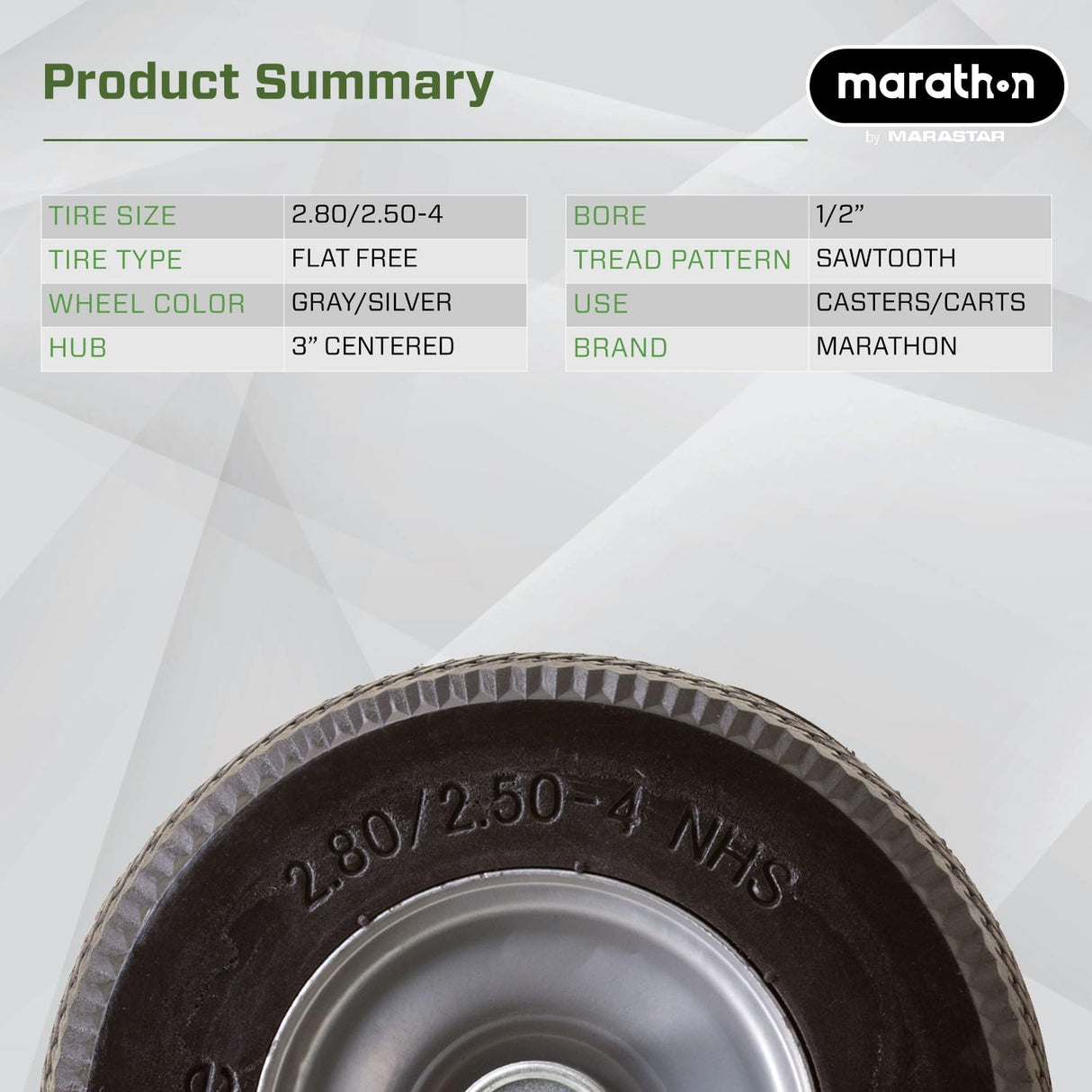 Marathon 00026 Flat Free 2.80/2.50-4 Tire and Wheel Assembly, 3” Centered Hub, 1/2” Ball Bearings, Replacement Tire for Casters, Utility Carts and Other Equipment, Easy Install Assembly