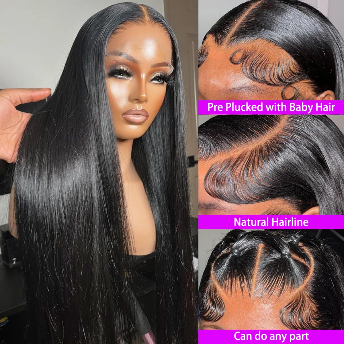 Amyes 30 Inch Straight Lace Front Wigs Human Hair 13x4 HD Lace Wigs 200% Density Brazilian Virgin Hair Glueless Wigs for Women Pre Plucked with Baby Hair Natural Black