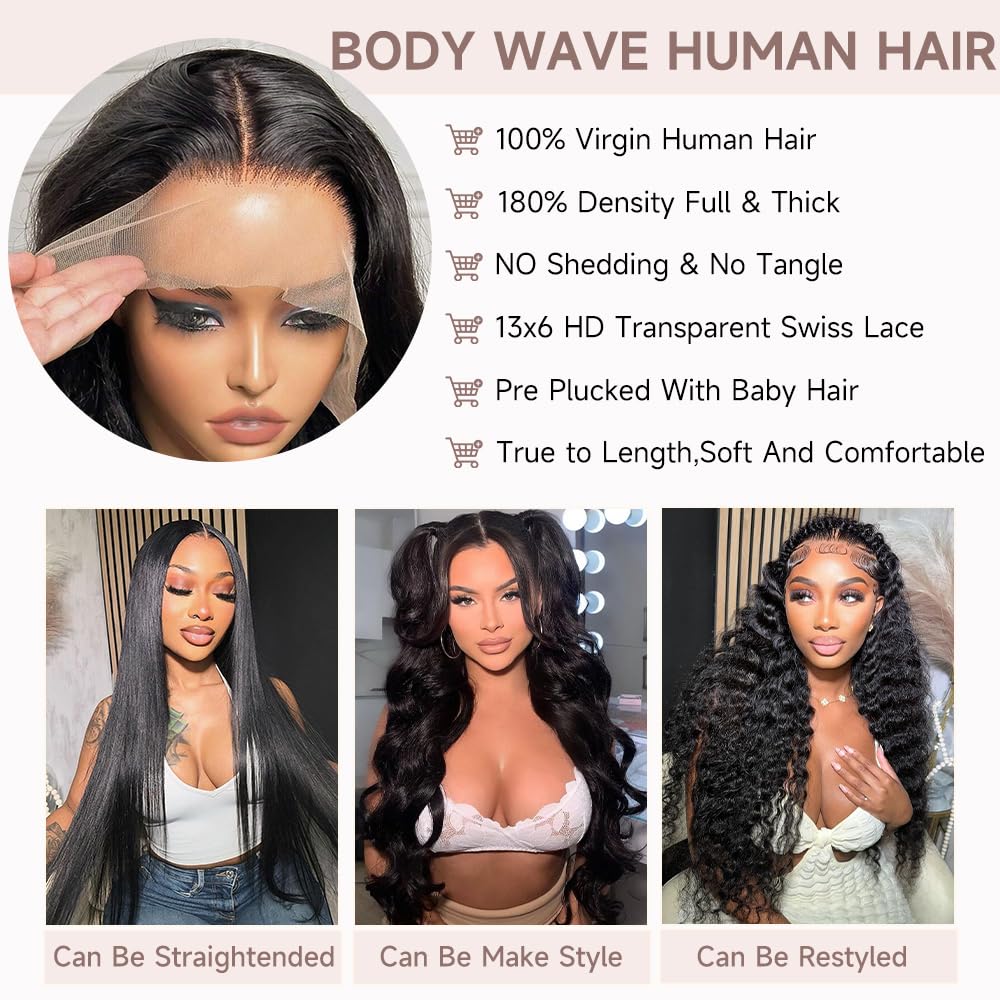 GBUN 30 Inch 13x6 HD Lace Front Wigs Human Hair Body Wave Lace Front Wigs Pre Plucked 200% Density Transparent Lace Frontal Wigs Human Hair Lace Front Wigs Baby Hair Human Hair Wig for Women