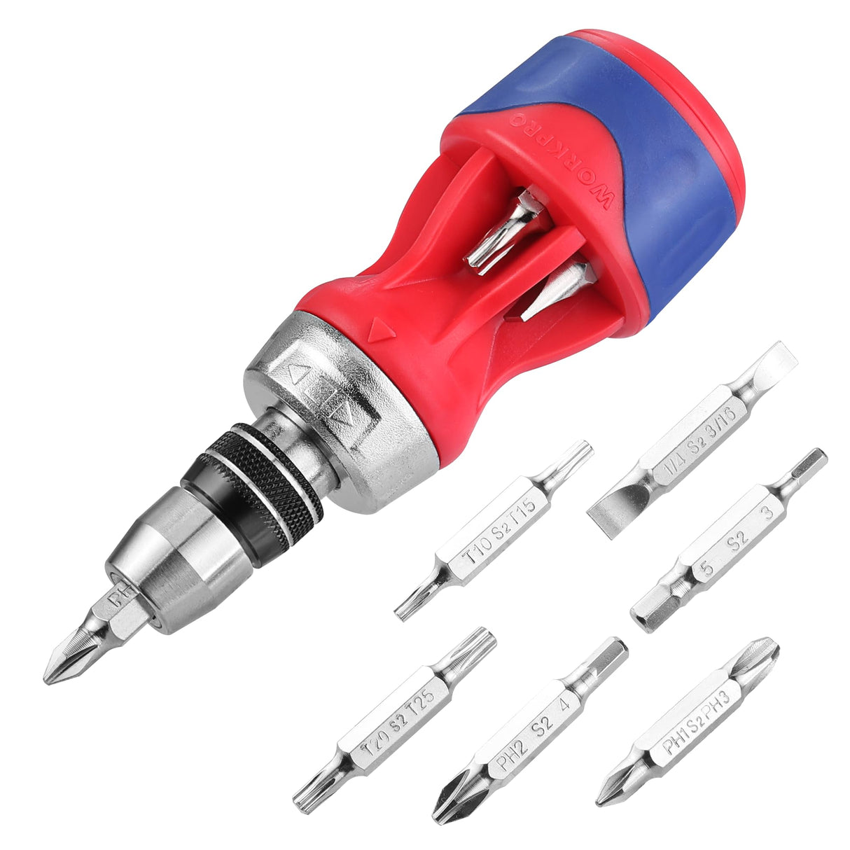 WORKPRO 12-in-1 Stubby Ratcheting Multi-bit Screwdriver, Short Screw Drivers with Magnetic, Quick-load Mechanism, Premium S2 Steel, Small Screwdriver with Double End Bits in Handle
