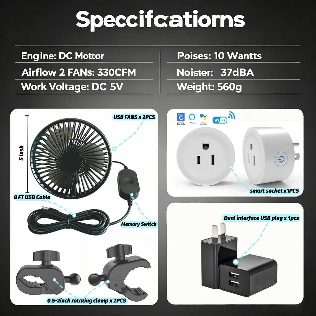 Brioeua 5" Grow Tent Fan, Smart Plug Remote & Timing, 3-Speed Quiet Airflow, Brushless Motor, Adjustable Clamp, 8 Ft Power Adapter for Hydroponics Cooling Ventilation Grow Tent Dual Clip Fans