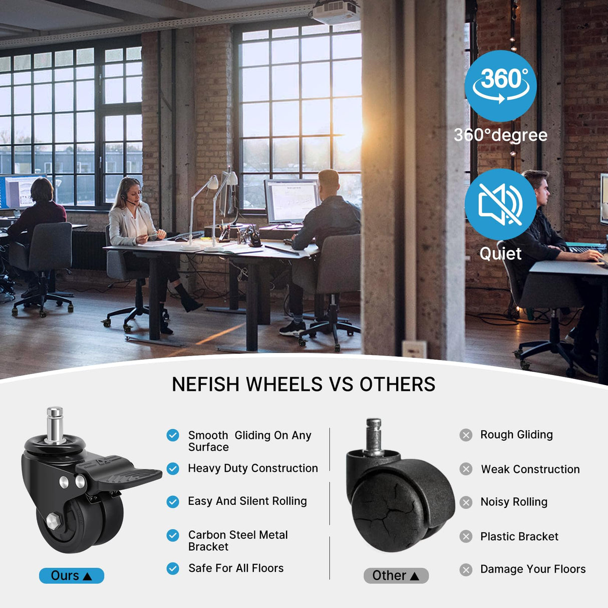 Nefish Office Chair Caster Wheels with Brake, 11mm, 2 Inch Heavy Duty Rubber Office Chair Wheel Replacement, Support 750lbs(Set of 5), Quiet Desk Chair Rollers, Safe for All Floors, Universal Fit