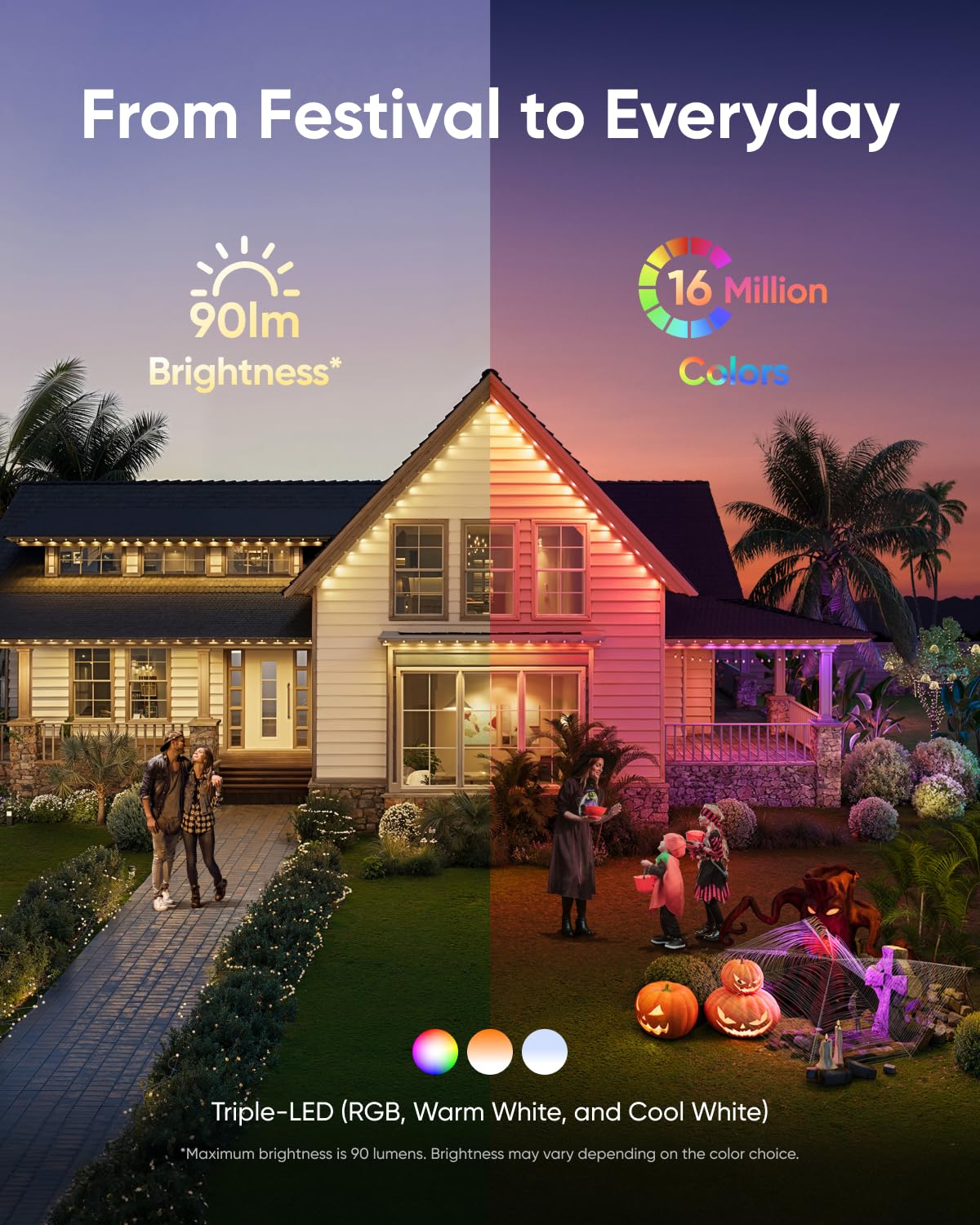 eufy Permanent Outdoor Lights E22, 100ft with 60 Triple-LED Lights, Smart RGBWW for Christmas, Daily and Holiday, IP67 Waterproof, AI Lighting Themes for Christmas Decorations, Links with Cameras