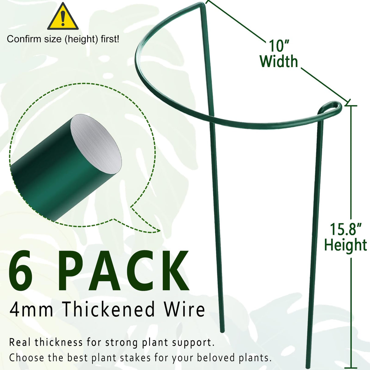 6 Pack Plant Support Stakes, 15.8" Half Round Metal Garden Plant Supports for Indoor Plants, Green Plant Cage Ring for Monstera, Peony, Hydrangea, Potted Plant Holder Sticks (10" Wide)