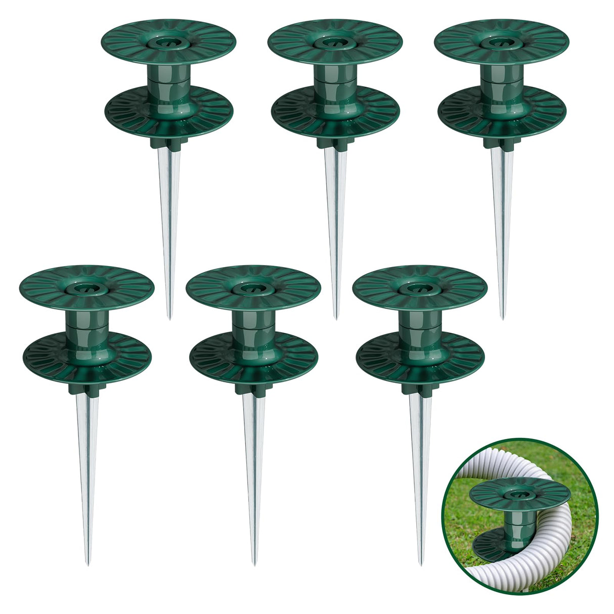 Zapdos 6PCS 10 Inch Heavy Duty Outdoor Yard Garden Hose Guides, Dark Green Metal Stakes with Rotatable Spin Top, Durable Hose Spikes Keep Water Hose Away from Flower Beds & Lawn Plants