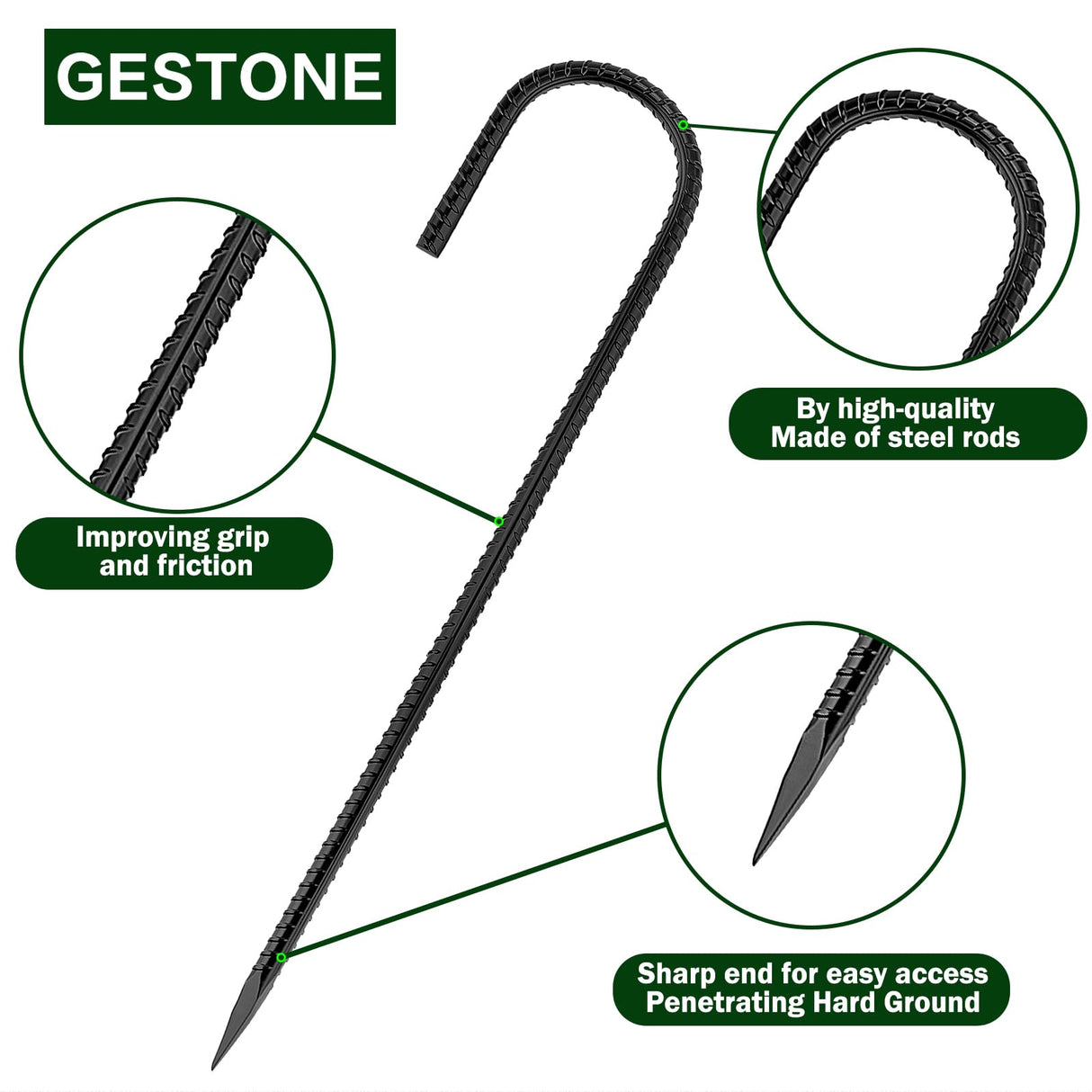 GESTONE 20 PCS Garden Ground Stakes 12" Rebar Stakes Heavy Duty J Shape
