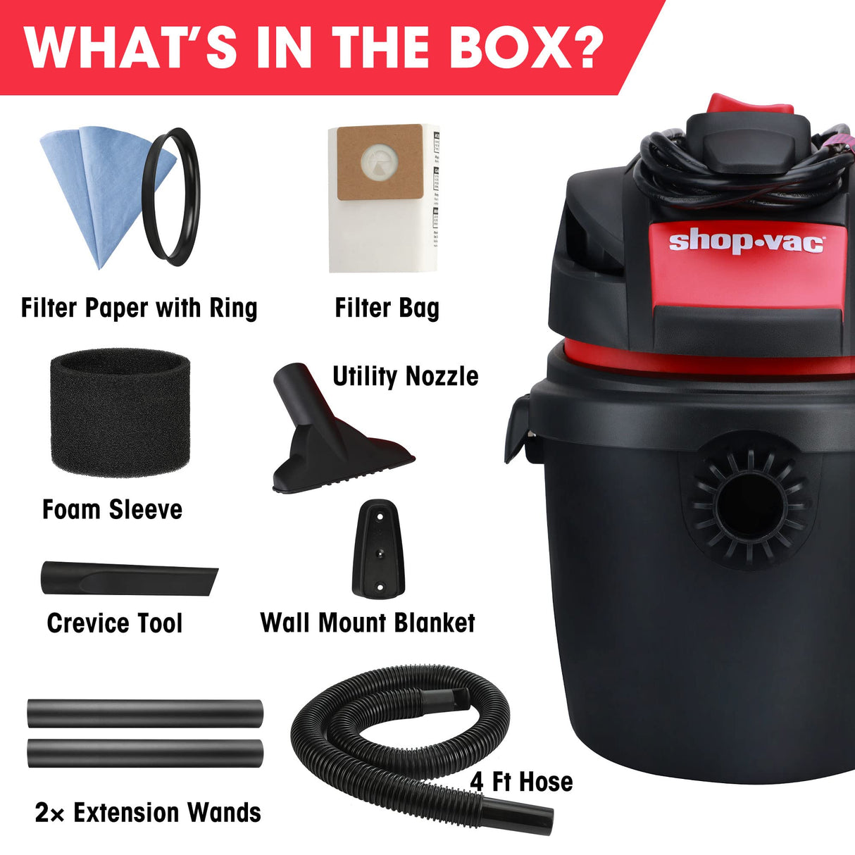 Shop-Vac 5760288 2.5 Gallon Wet/Dry Vacuum, 2.5 Peak HP, 1.25 Inch Diameter x 4 Ft Hose, Portable Compact Design