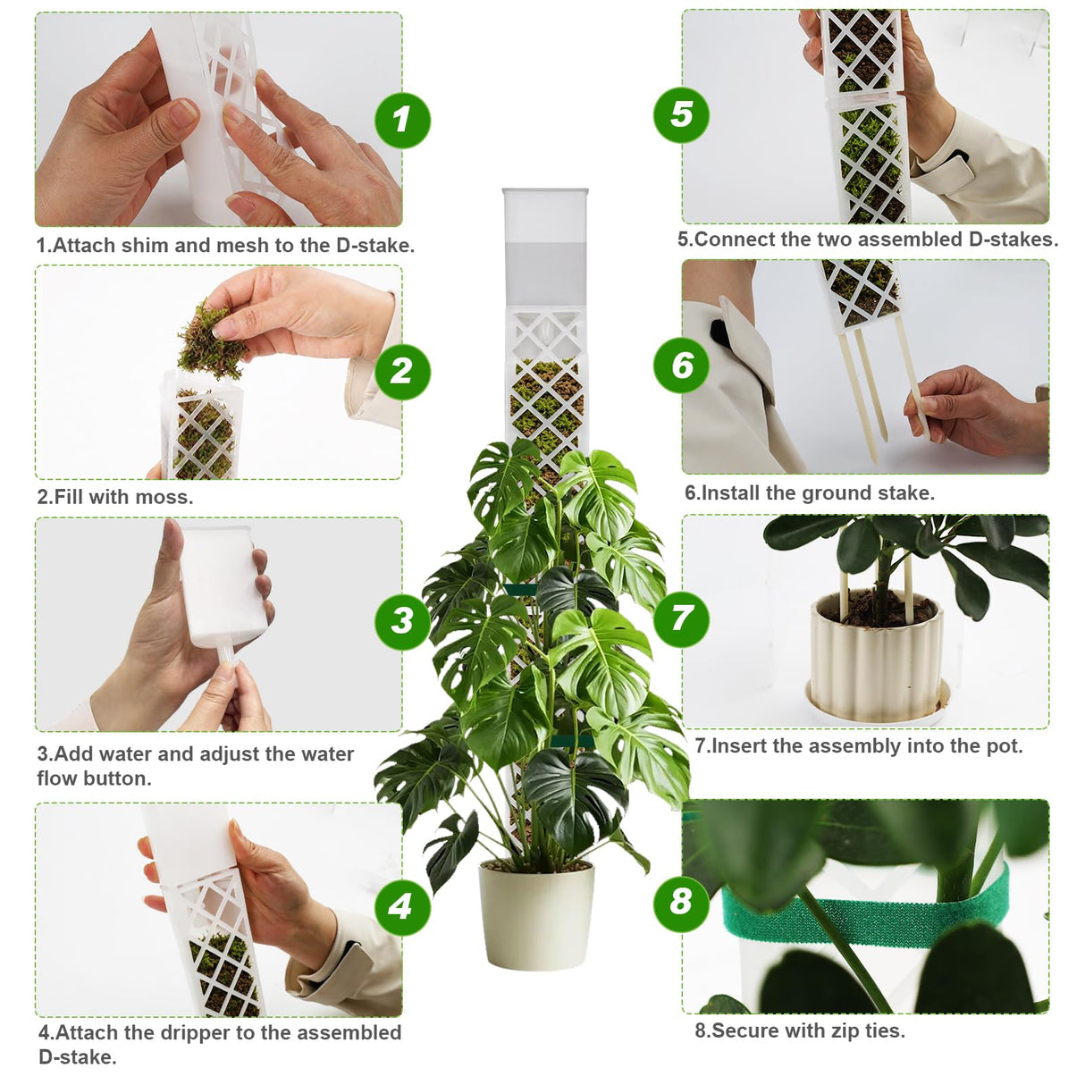 12 Inch Self Watering Moss Pole for Climbing Plants, D Shaped & Stackable
