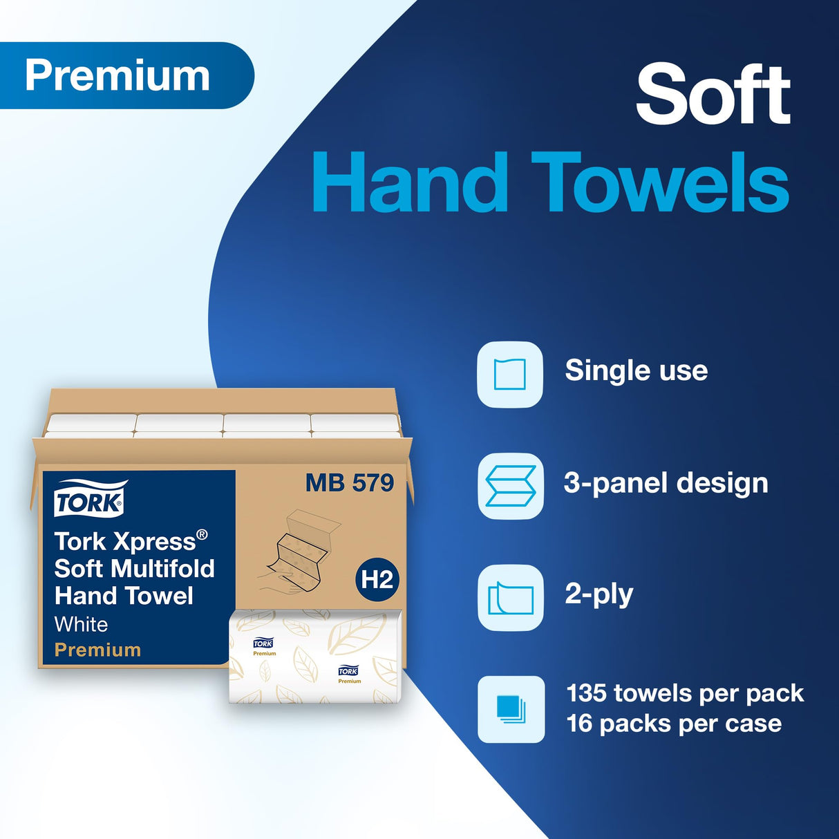 Tork Soft Xpress Multifold Paper Hand Towels White, H2 System Compatible 16 Packs X 135 Towels Each (MB579)