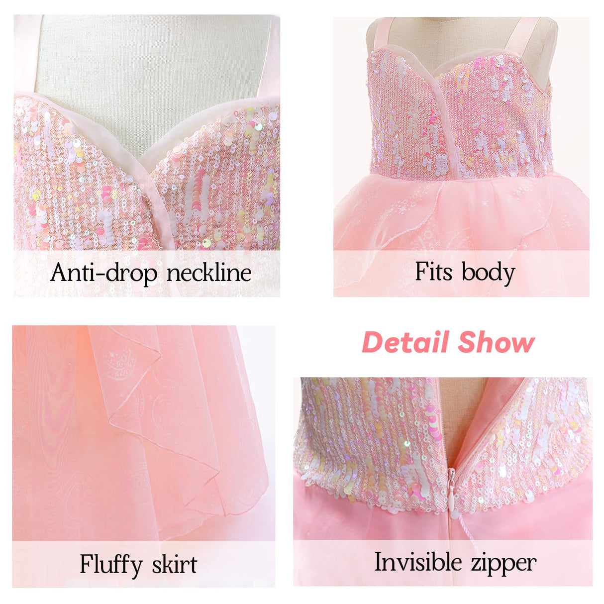 Axwcon Wicked Glinda Dress Costume for Girls, Pink Tulle and Sequin Witch Dress for Kids Christmas、Halloween Cosplay Costumes