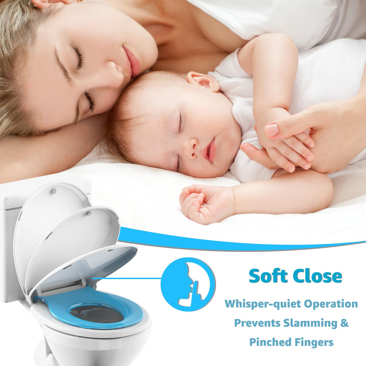 Potty Training Seat Built-in Toilet Seat, Round Toilet Seat 16.5inch with Baby Seat 2 in 1 Soft Close Quiet No Slapping, Magnetic Absorption, Easy Installation for Bottom Fixing Toilet,White and Blue