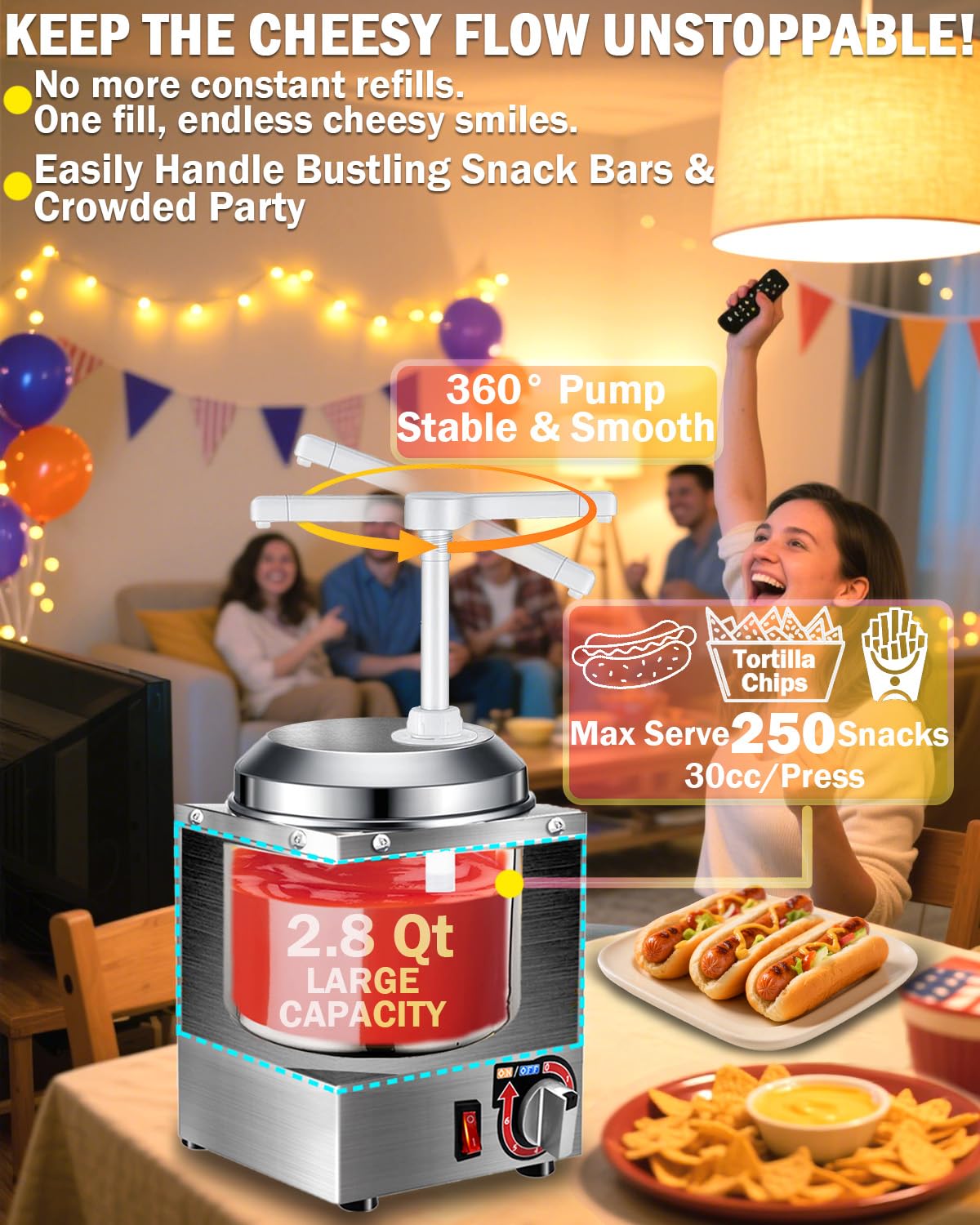 Nacho Cheese Dispenser - 2.8 Qt Nacho Cheese Warmer Machine with Pump, Stainless Steel Hot Fudge Sauce Warmer W/6-Level Temperature Adjustment,Syrup Hot Fudge Dispenser for Hot Fudge Cheese Caramel