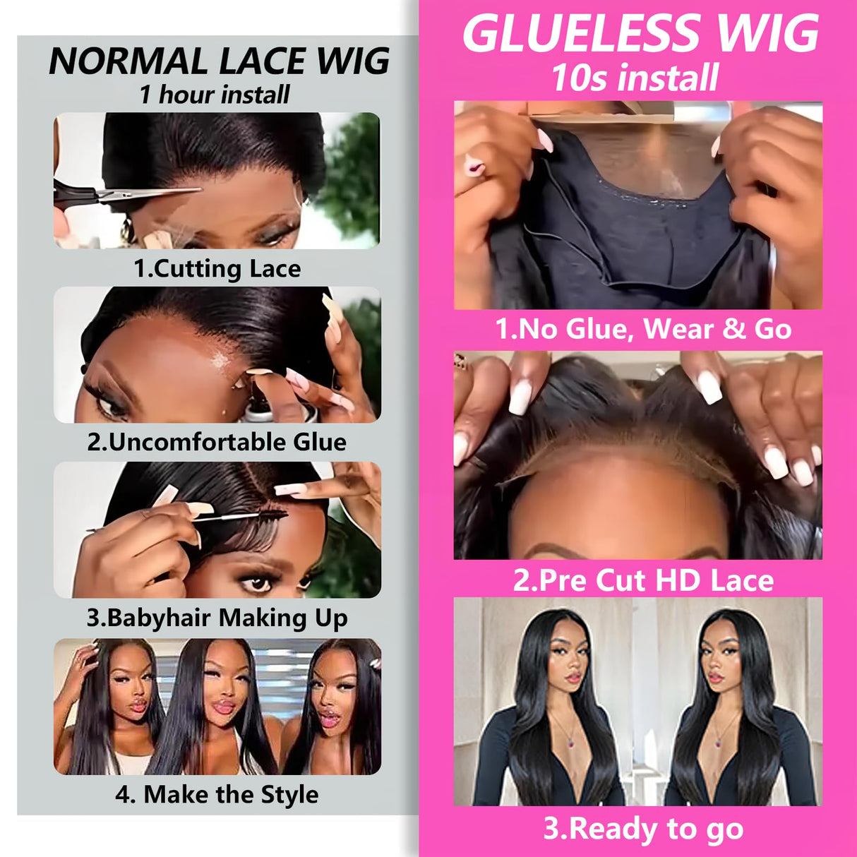 24Inch Wear and Go Glueless Wigs Human Hair Pre Plucked Pre Cut 180% Density 6x4 Ready to Wear Glueless Human Hair Wigs Straight for Black Women