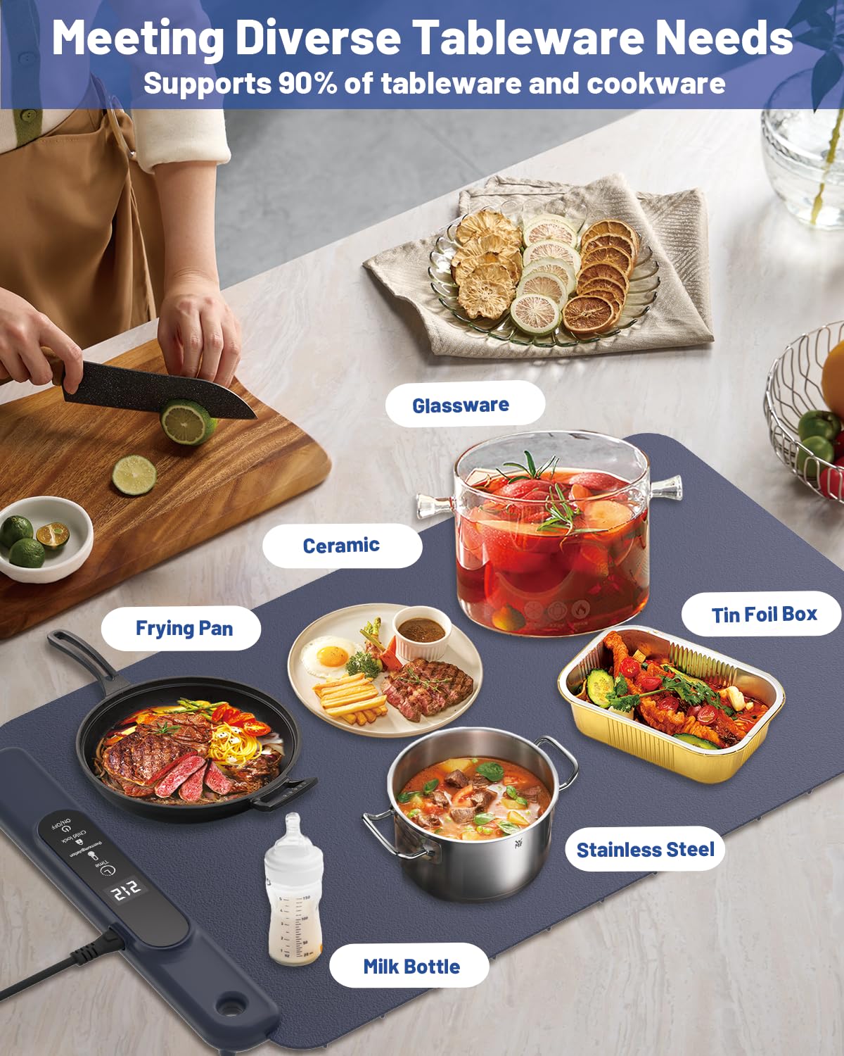 Food Warming Mat Electric Tray: YTLAD Silicone Heating Pad with 6 Level Adjustable Temperature and 5 Hours Timer & Family Lock, Foldable Food Warmers for Parties, Daily Use (Blue, 25.6" x 15.55")