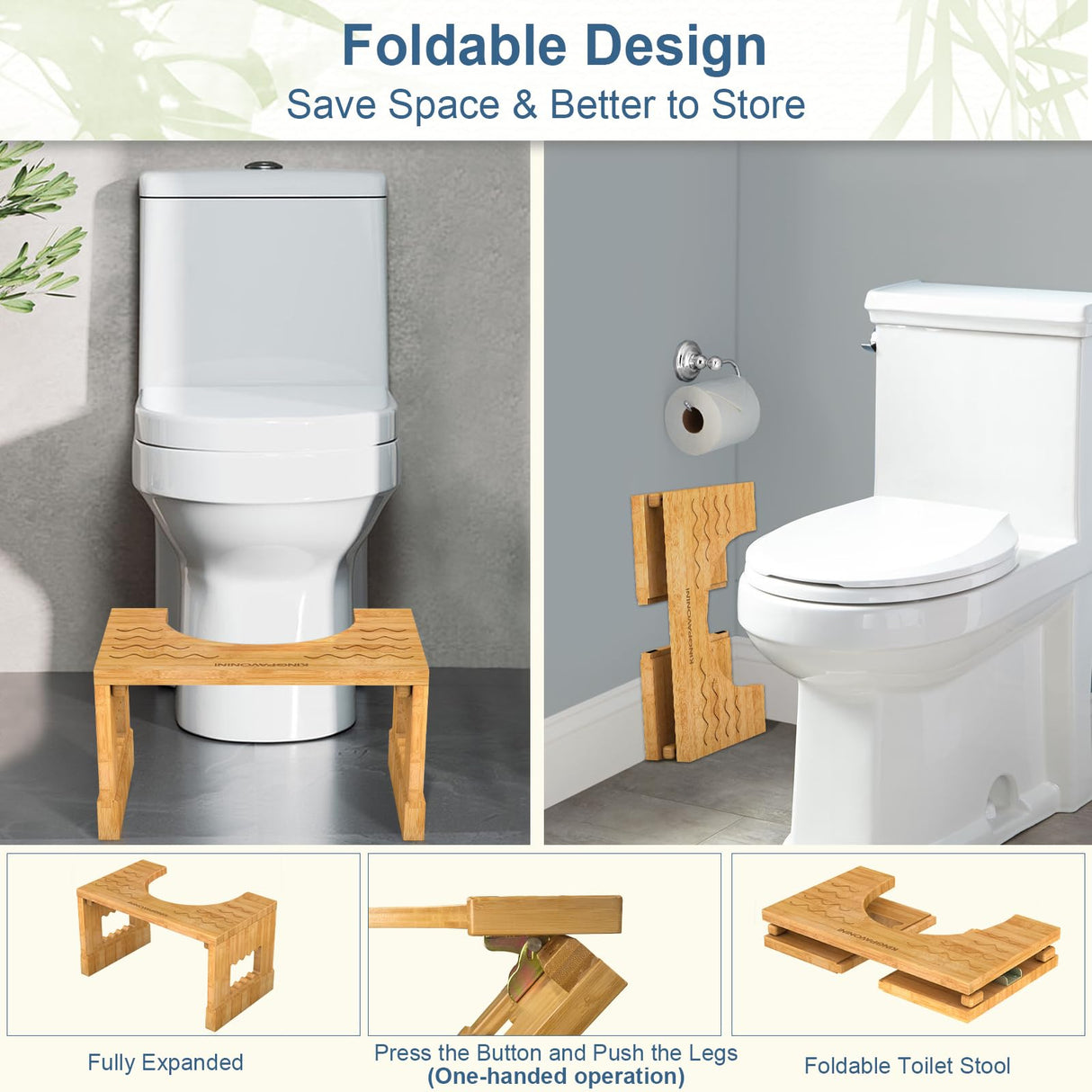 KingPavonini Bamboo Toilet Stool Squat 7in & 9in Heights Adjustable, Foldable Poop Stool for Adult, Potty Stool for Bathroom with Non-Slip Grooves Portable, Space-Saving, 400 lbs Capacity