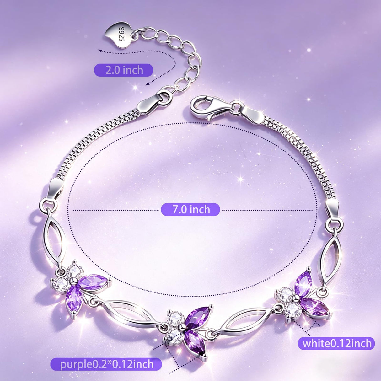 Nieboa S925 Sterling Silver Purple Butterfly Bracelets for Women,Anniversary Jewelry Gift for Women Mother Wife friend(Purple)