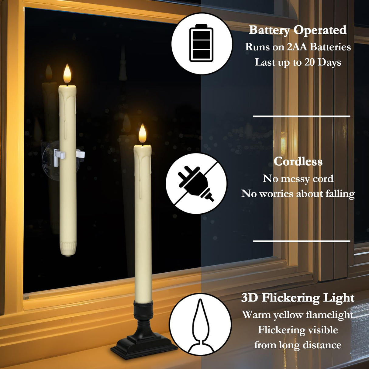 Homemory Window Candles with Remote Timer Dimmer - 6 Pcs Battery Operated Ivory Flameless Tapers with Holders and Suctions - LED Candlesticks for Christmas, Xmas Holiday Decor