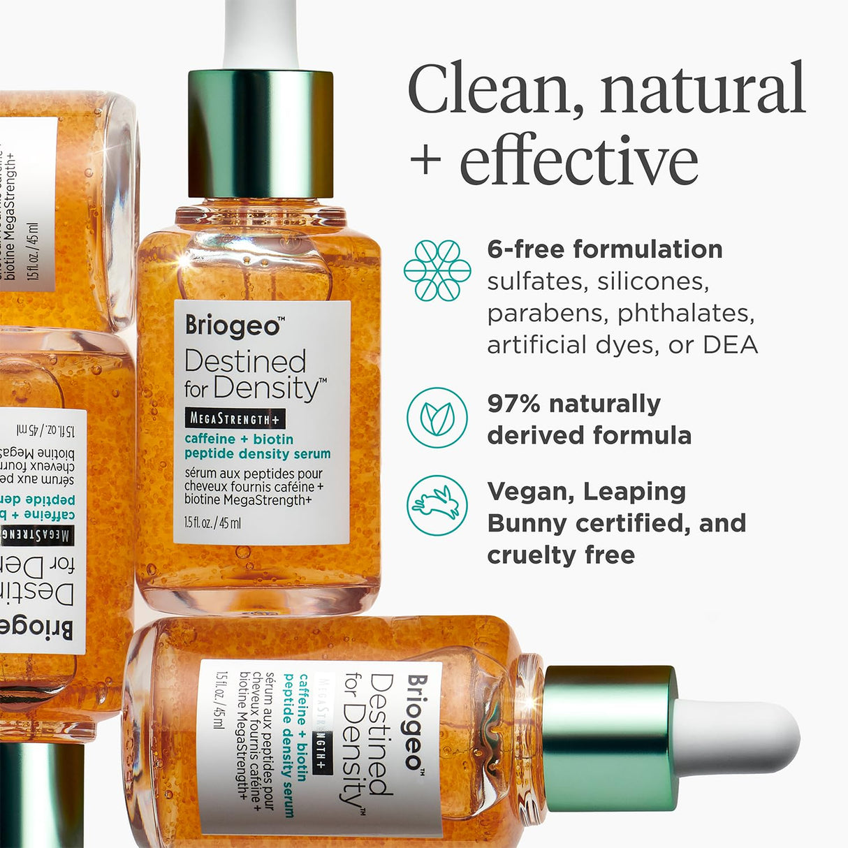 Briogeo Destined For Density MegaStrength+ Caffeine + Biotin Peptide Density Serum, Increases Hair Thickness and Density, Fast-Absorbing & Non-Greasy, Fragrance-Free, Vegan, Cruelty-Free, 1.5 fl oz